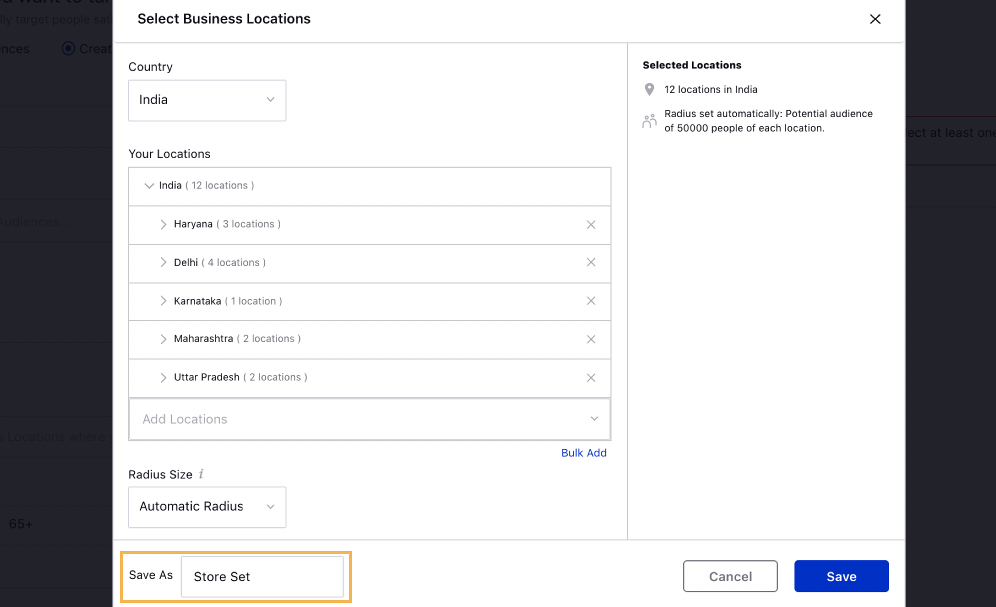 Create and Save a Store Set for Facebook Store Visits campaign