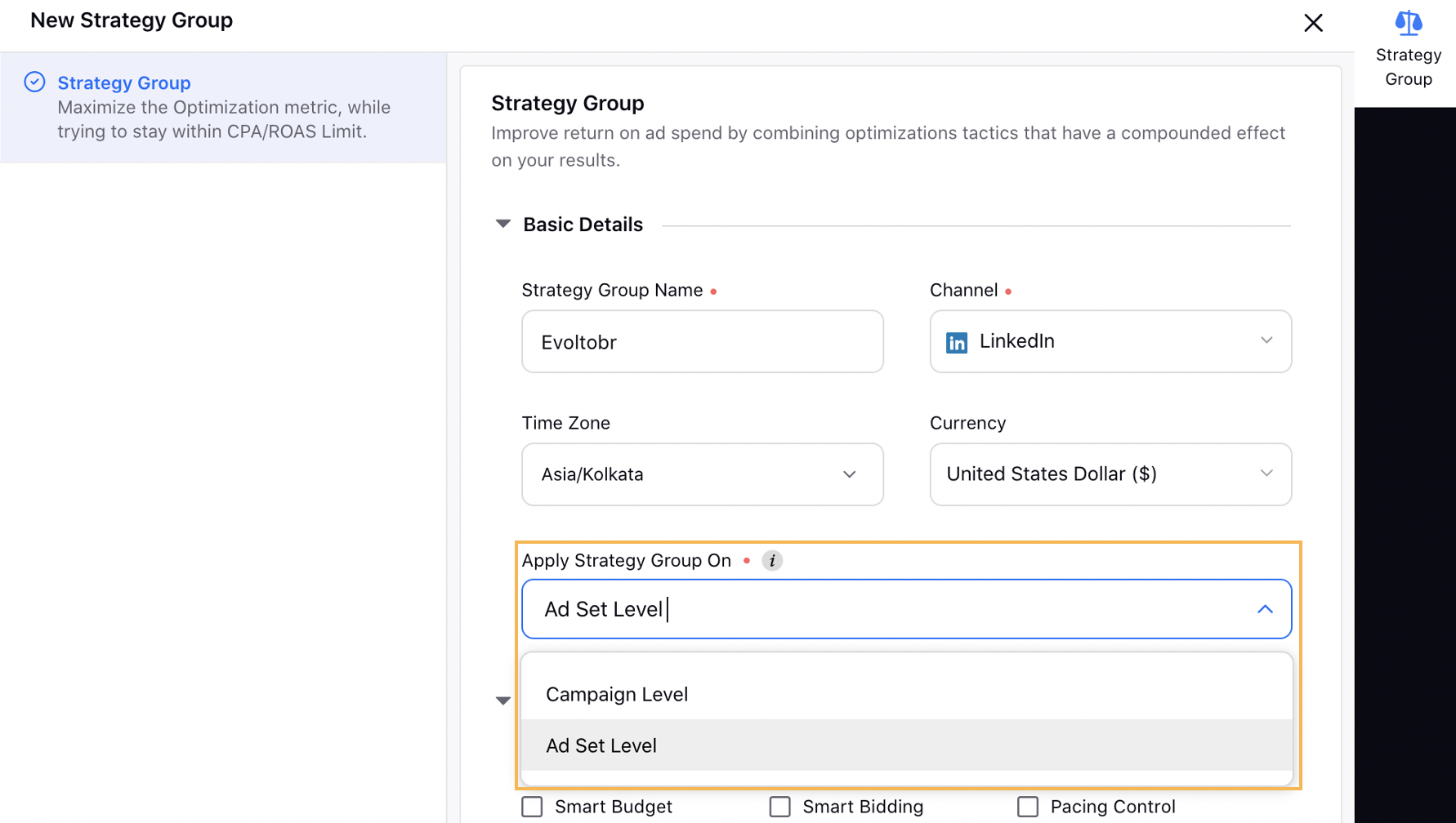 Applying Strategy Group at LinkedIn Ad Set Level