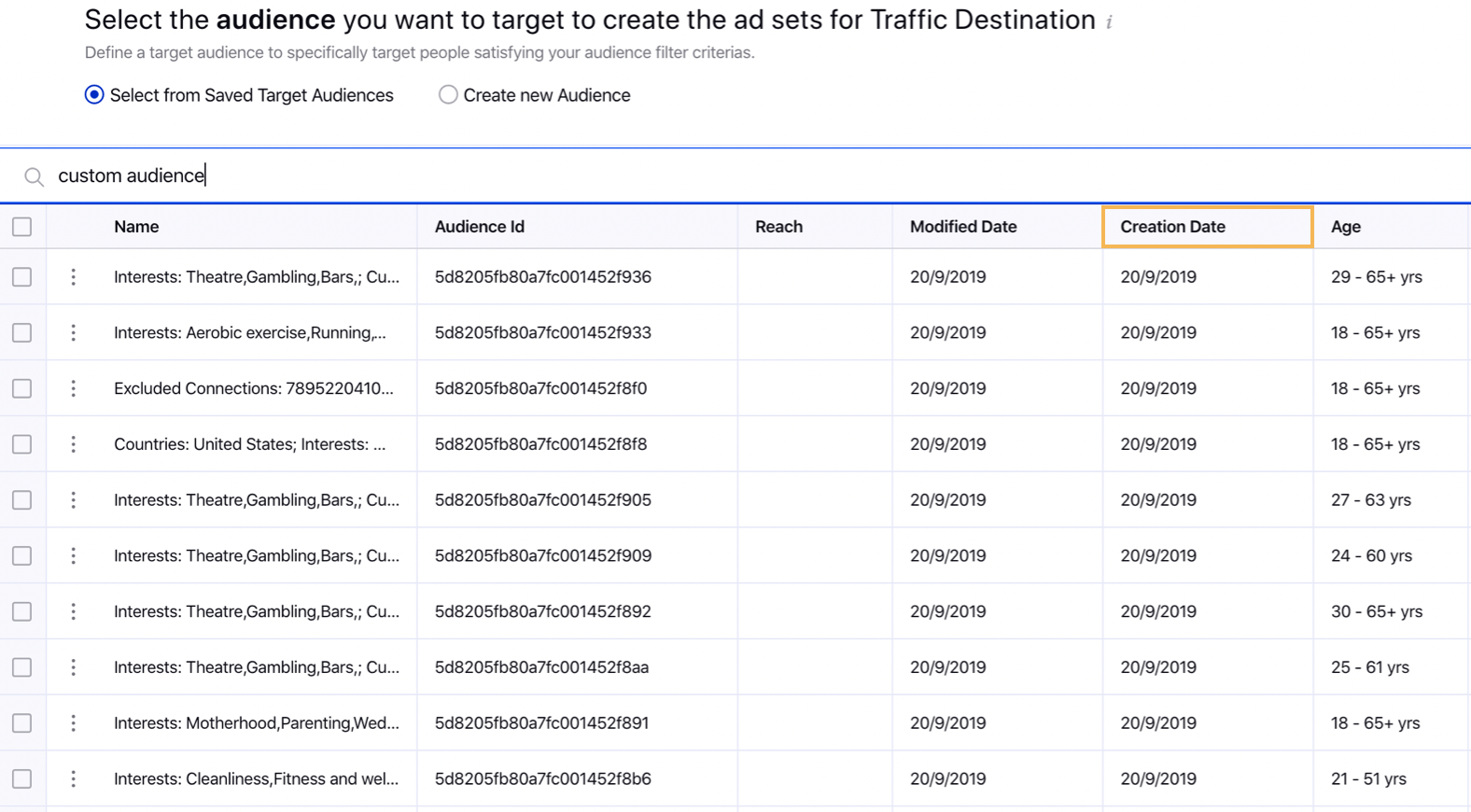 Custom Audience Creation Date column in Ads Composer