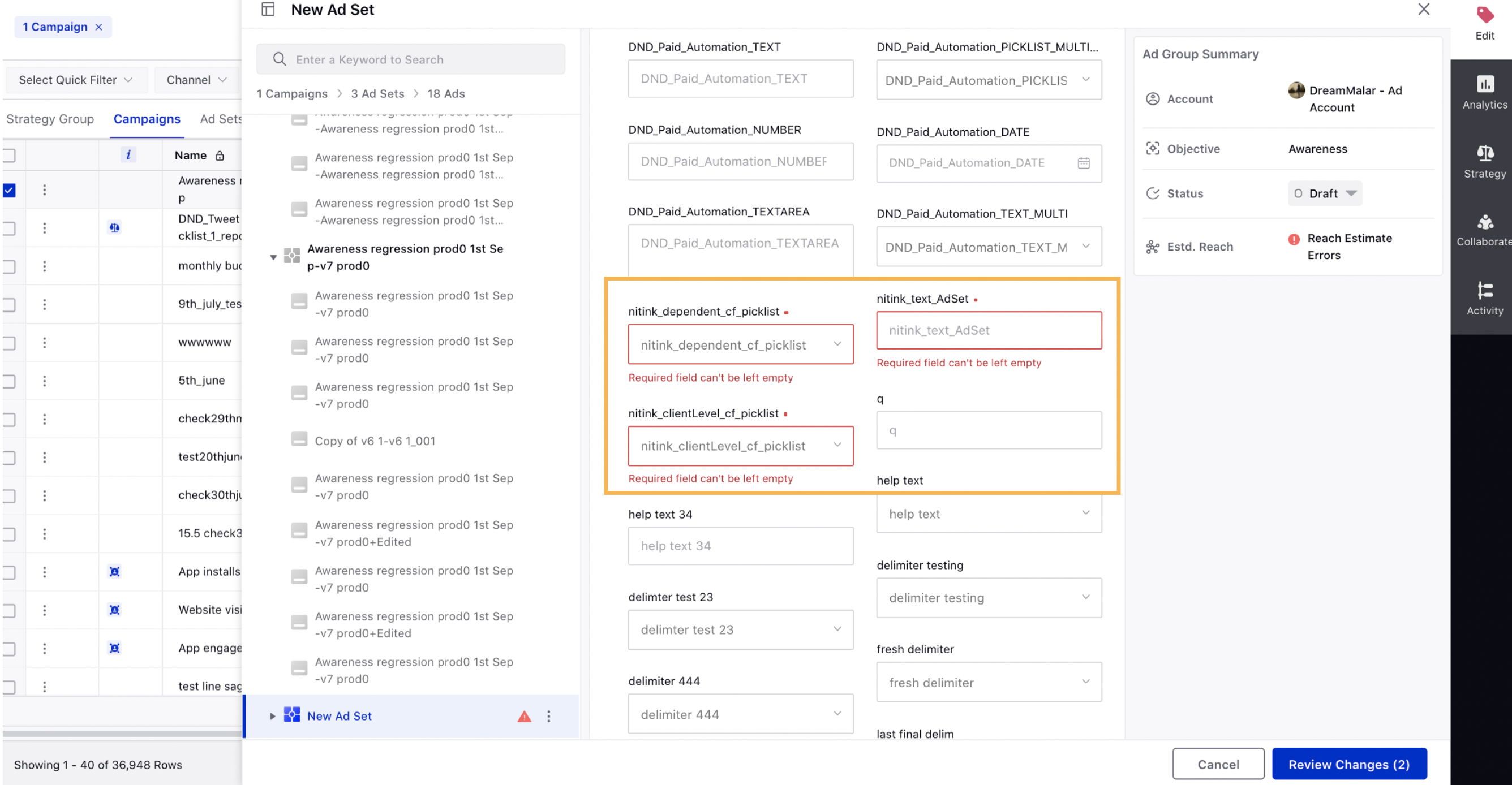 Validations for mandatory custom fields in View and Edit pane of Ads Manager