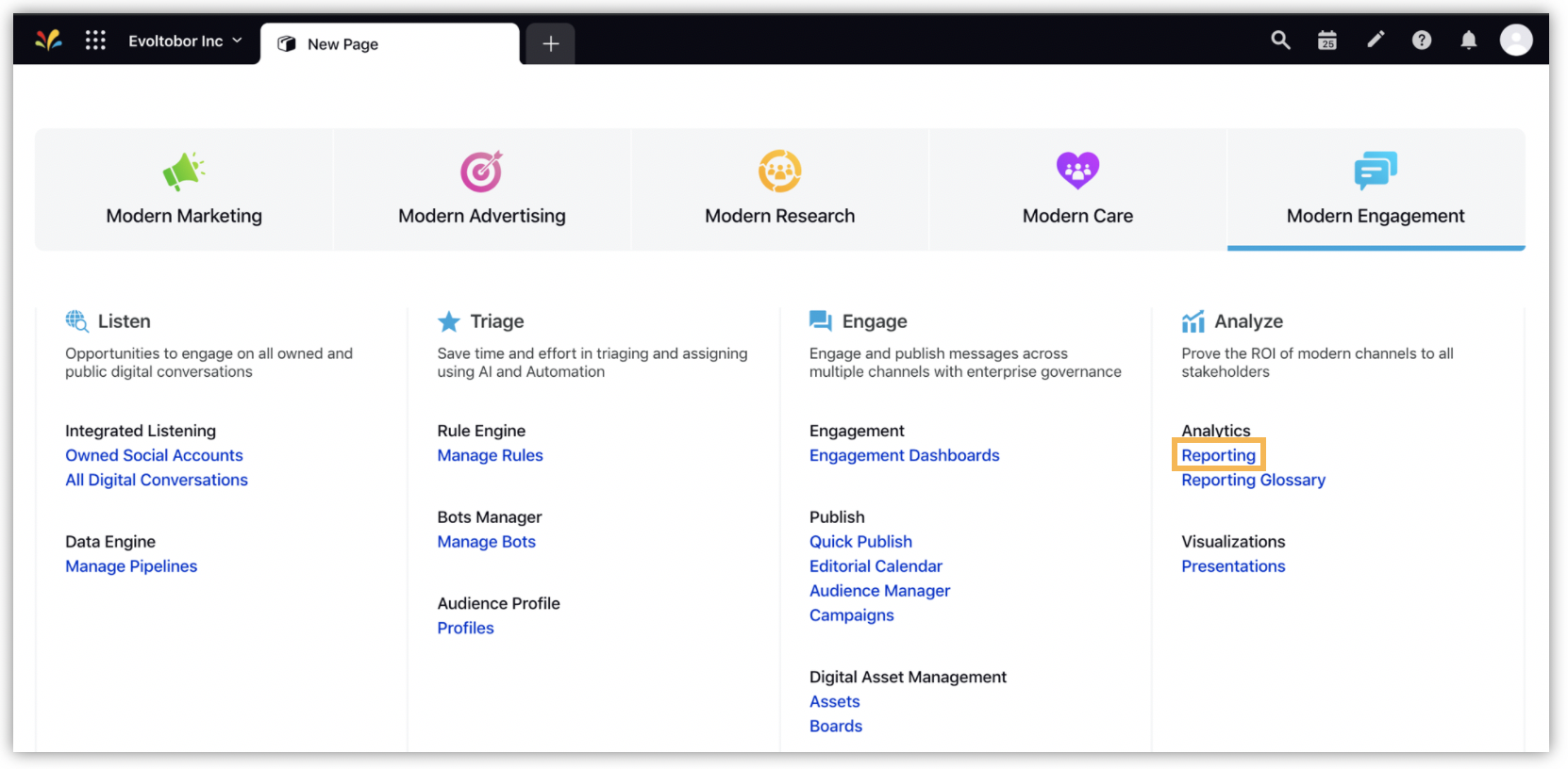 Selecting Reporting in Analytics under Analyze with Modern Engagement product