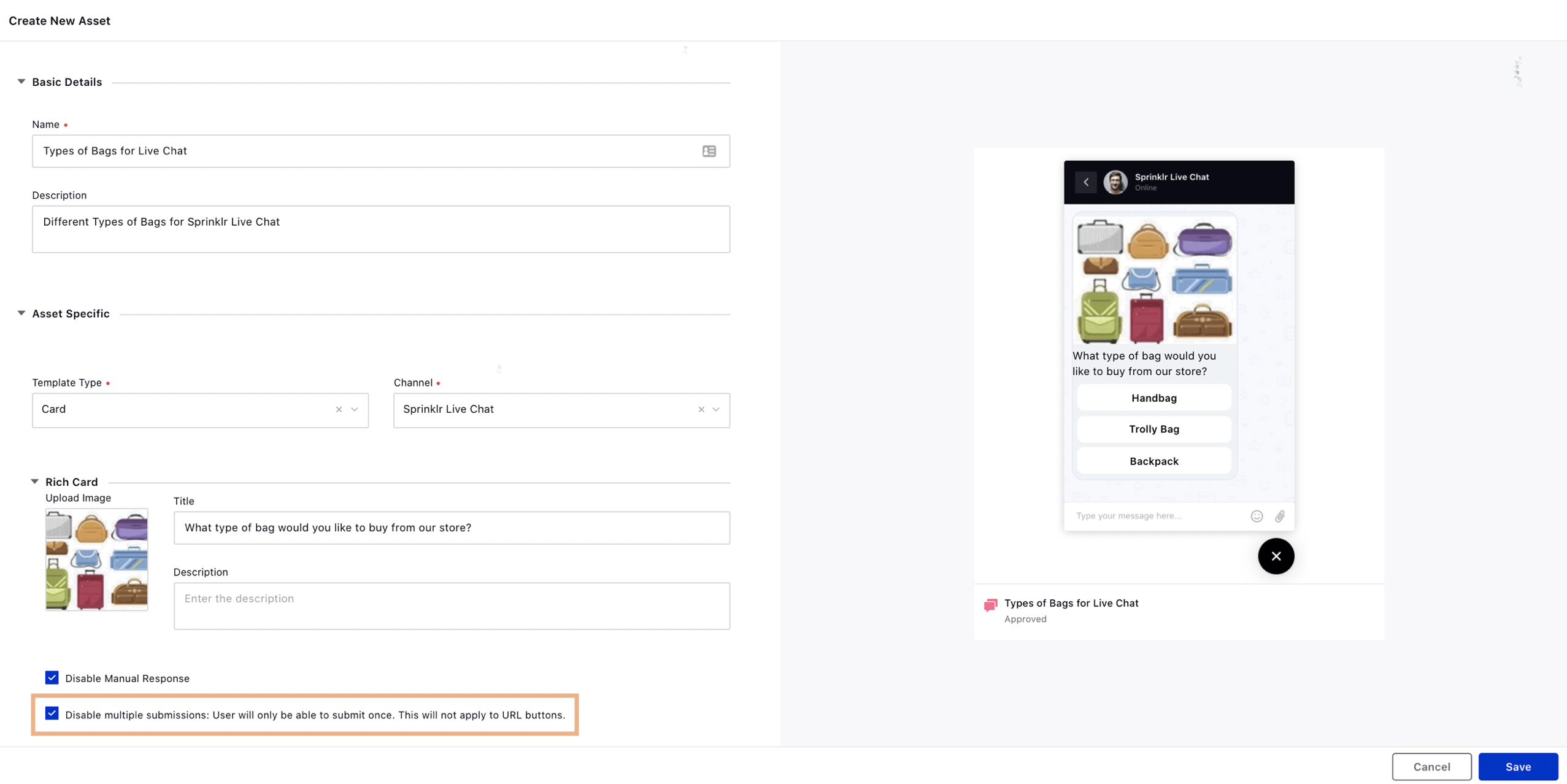 Disable multiple submissions for Live Chat Card and Carousel Templates