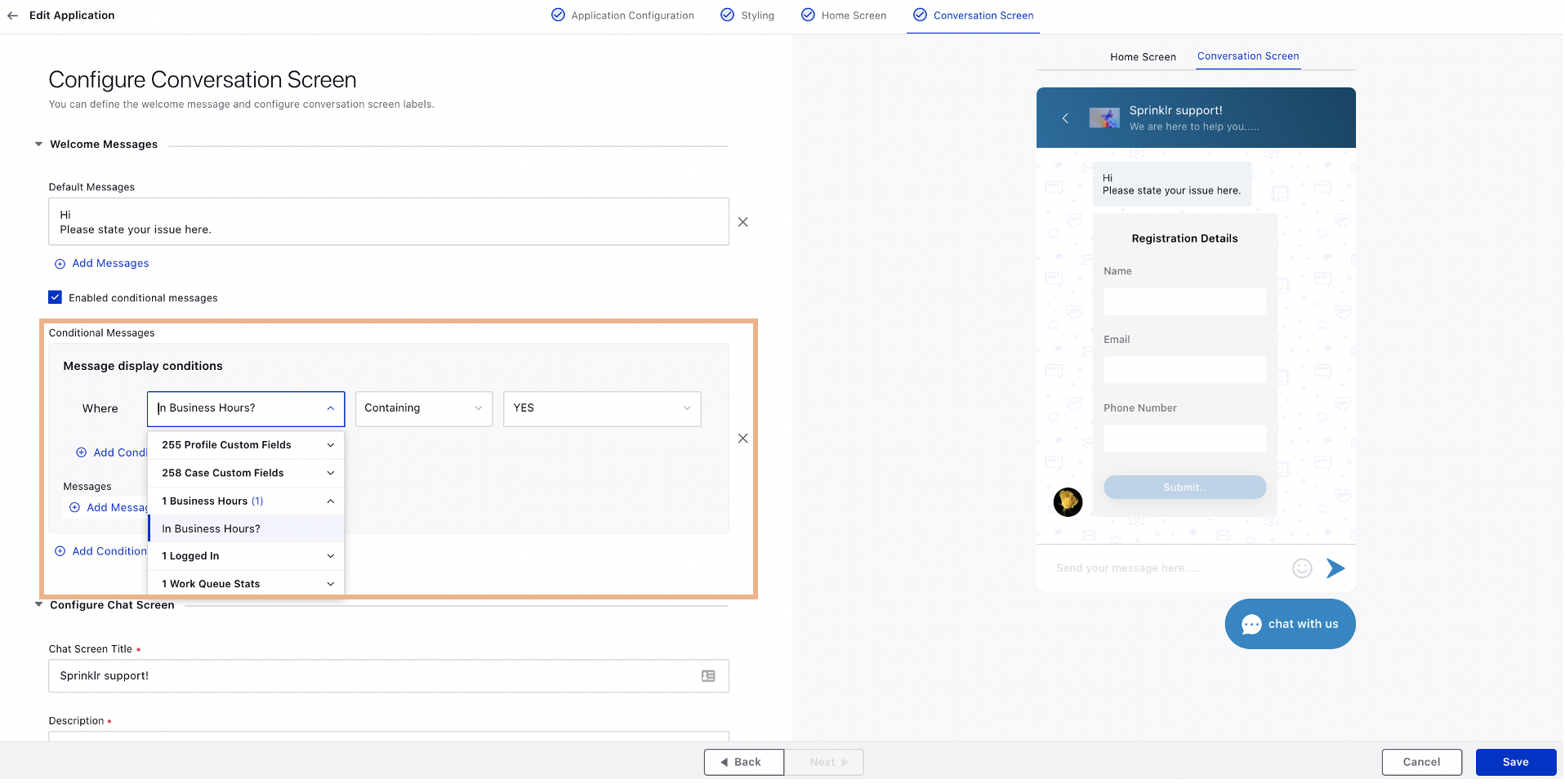 Adding Conditions to Display Welcome Messages in Sprinklr Live Chat