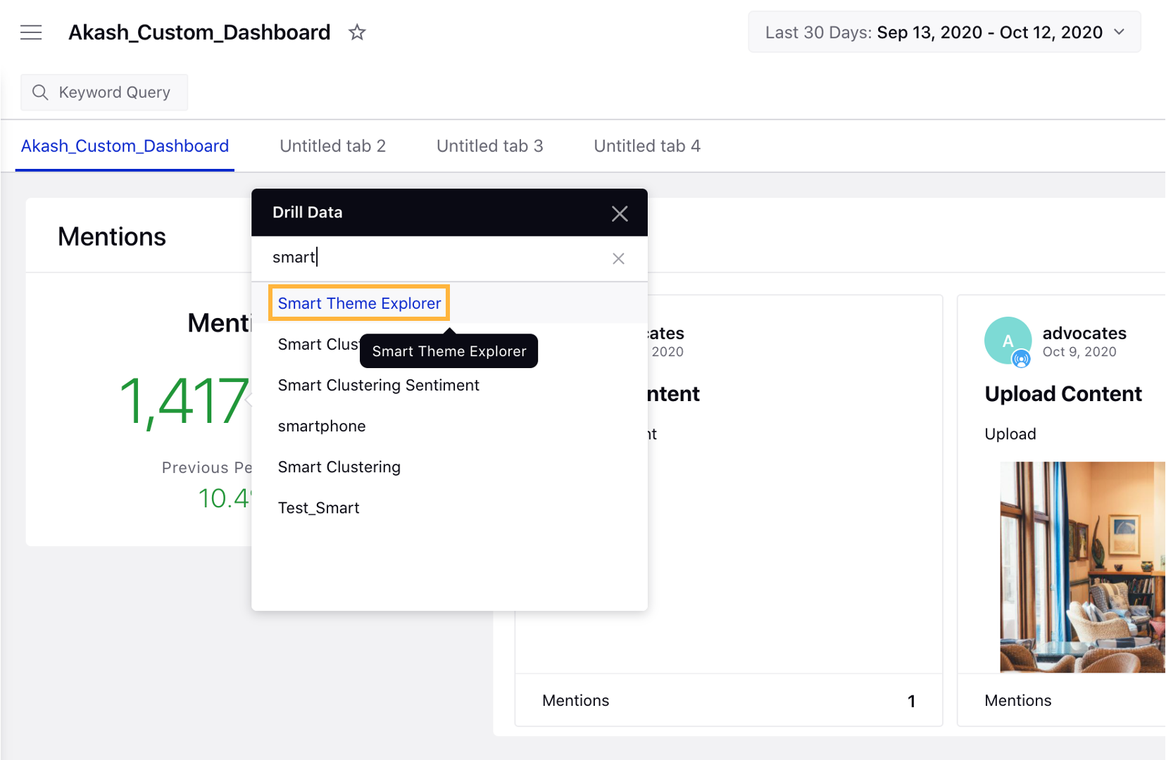 Accessing Smart Theme Explorer via Drill Down on Listening dashboard