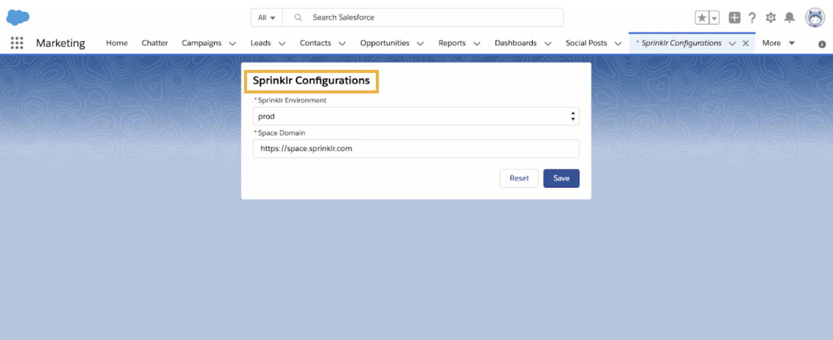 Selecting the desired Sprinklr Configuration in Salesforce Environment