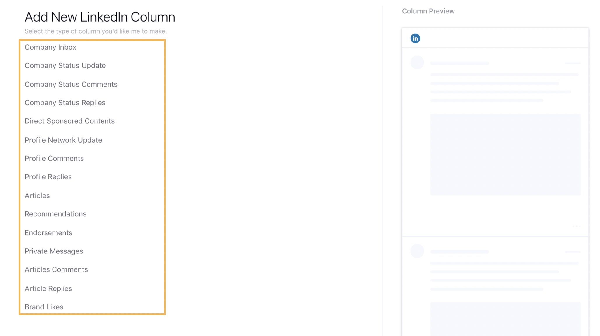 Types of columns for LinkedIn in the Engagement dashboard