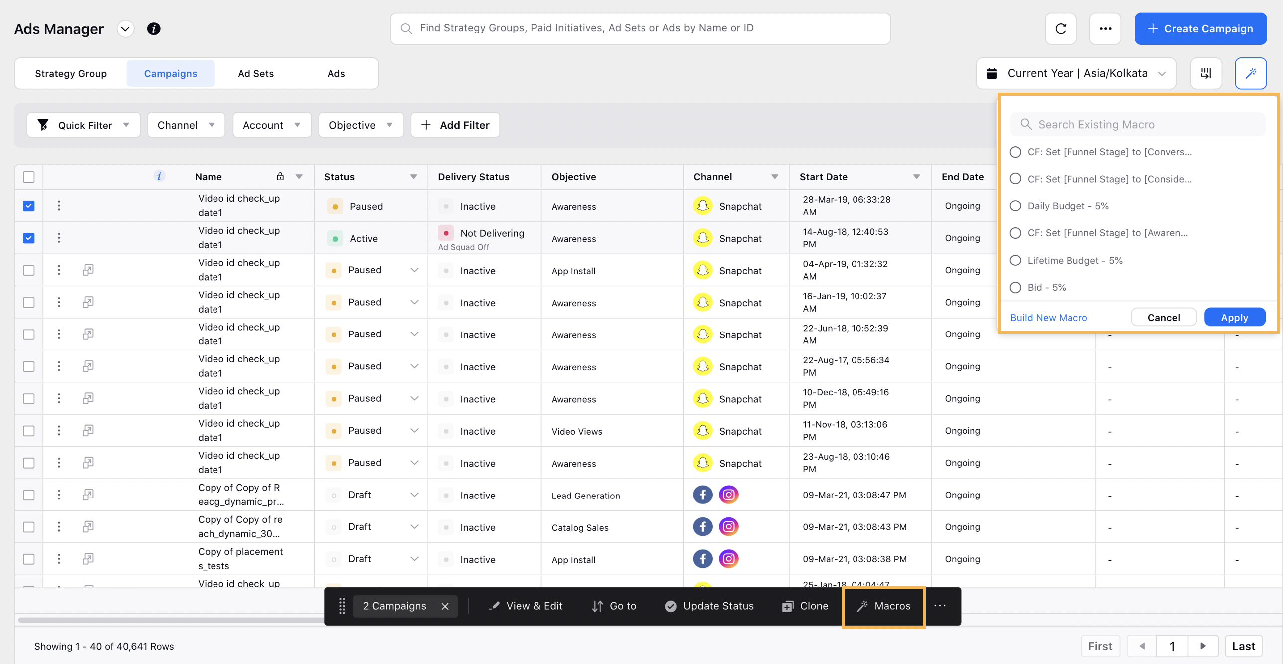 Clicking Macros to apply a macro to campaigns in Ads Manager