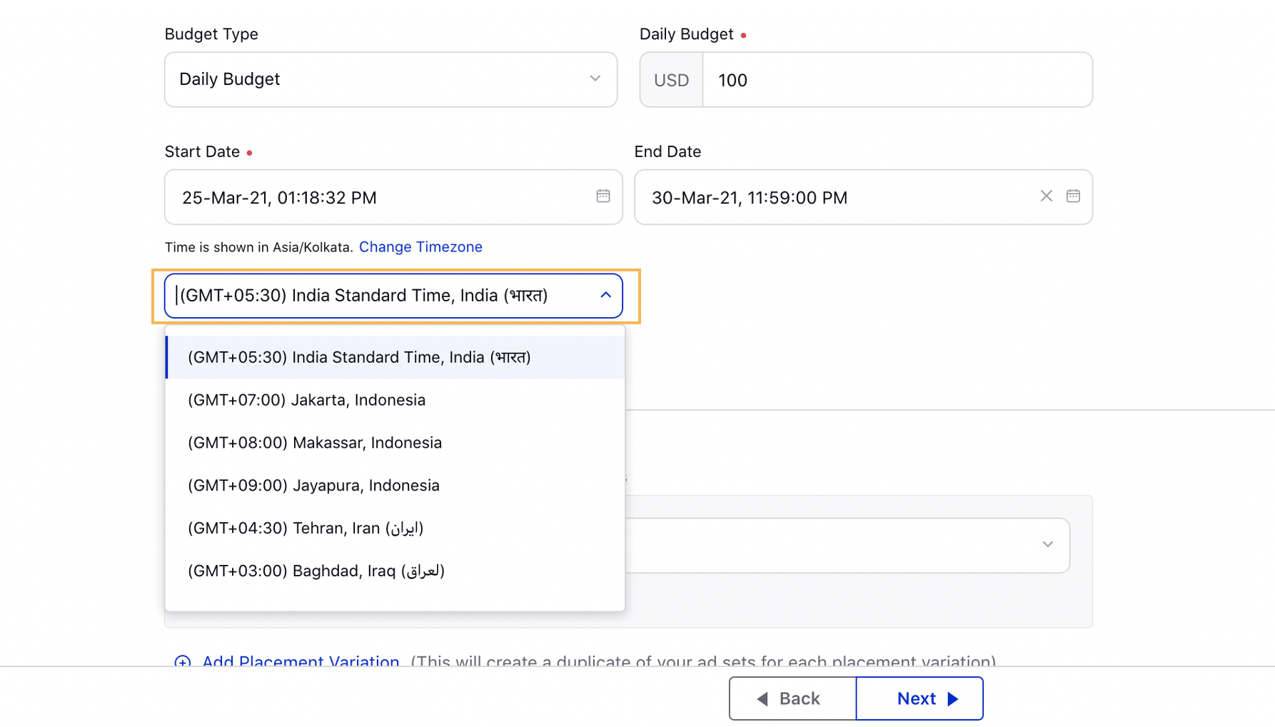 Pinterest Campaign Timezone selector