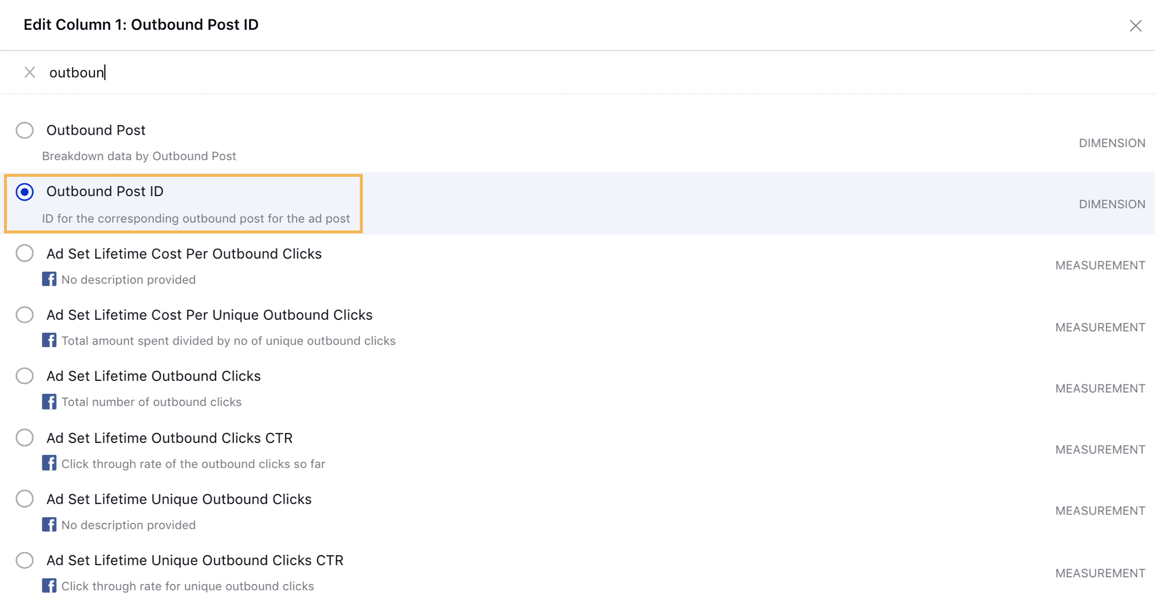 Outbound Post ID as dimension in Ads Reporting