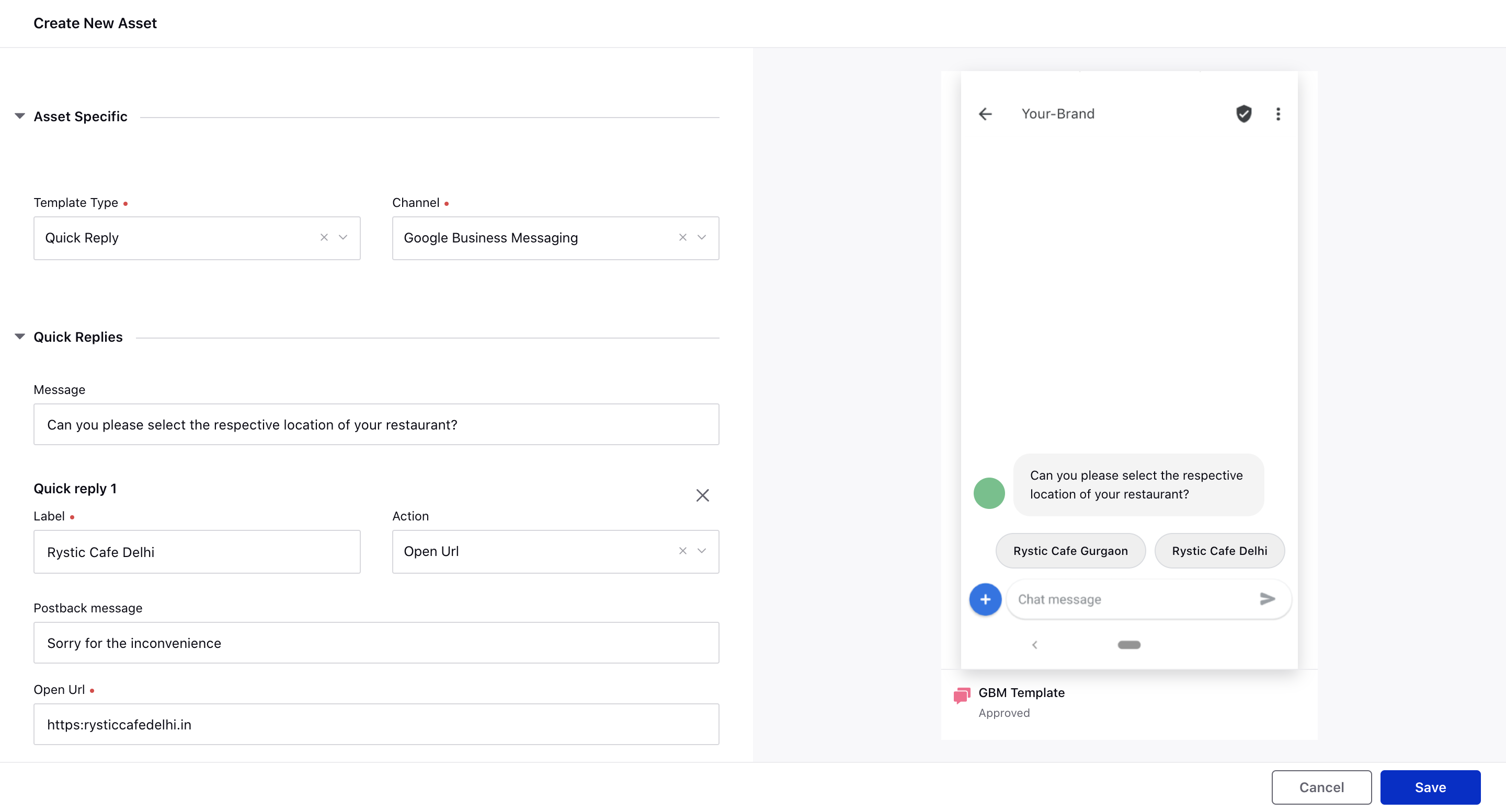 Quick Reply Template in Google Business Messaging