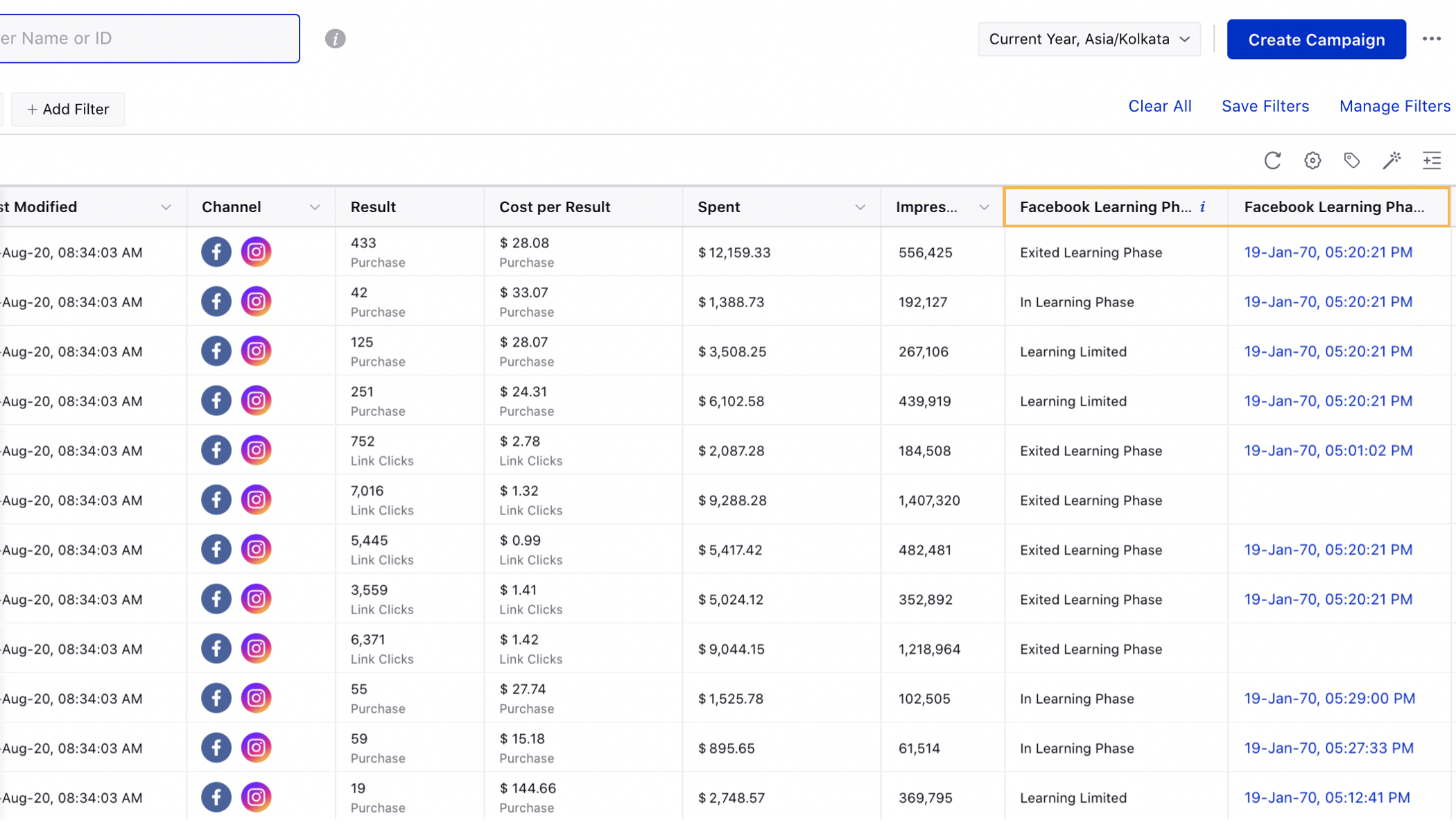 Facebook Learning Stage Columns in Ads Manager