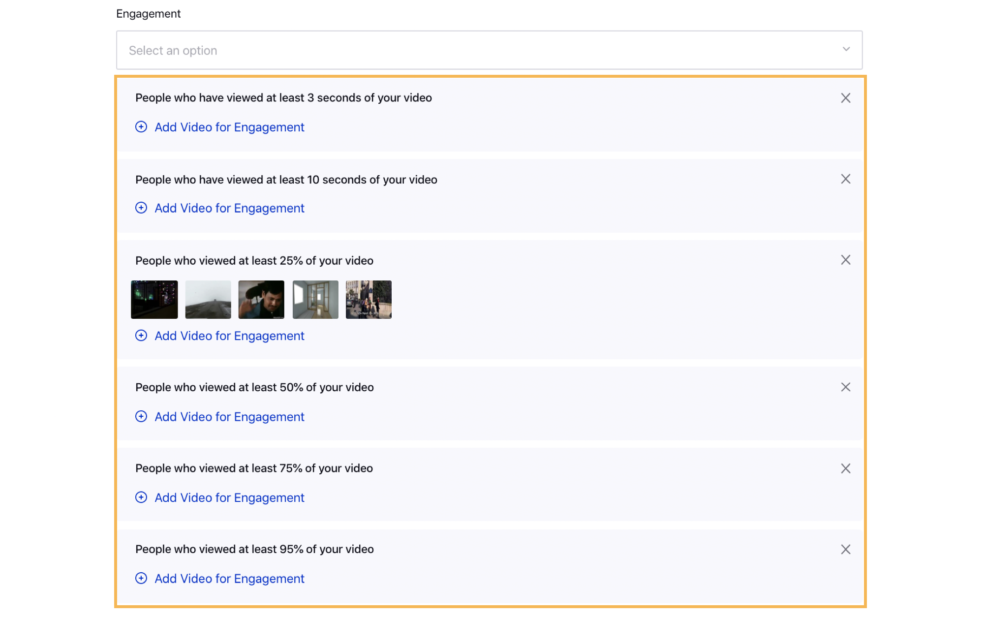 Select the engagement type for your video engagement custom audience and add videos