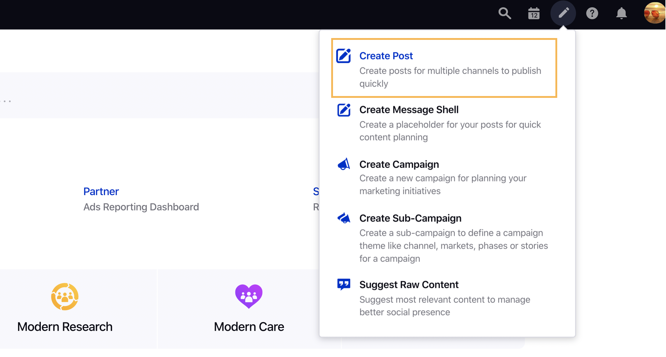 Select Create Post to create a post from Quick Publisher 