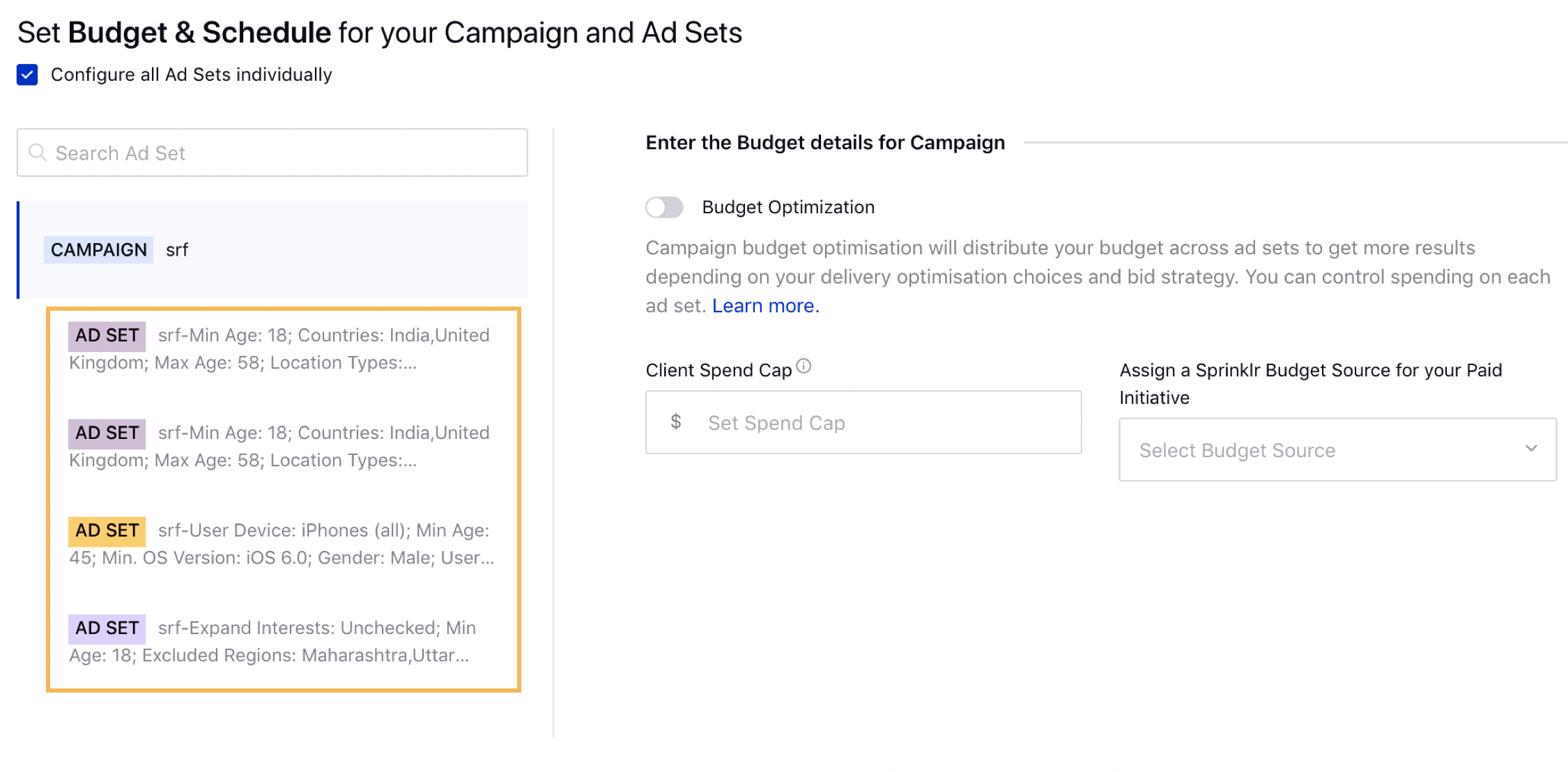 Color-coded Ad Sets of similar target audiences with different Placement Variations