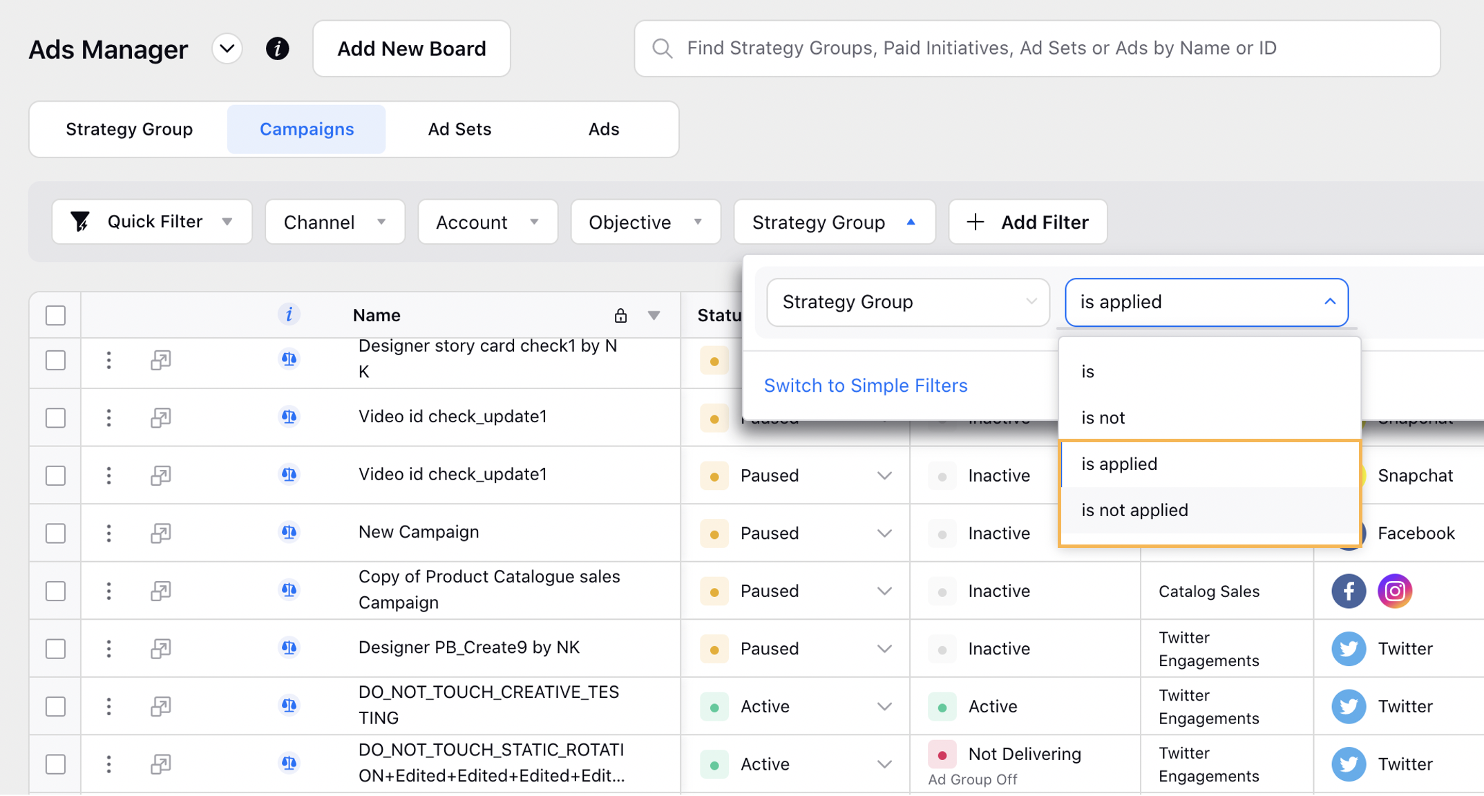 New Strategy Group Filters in Ads Manager