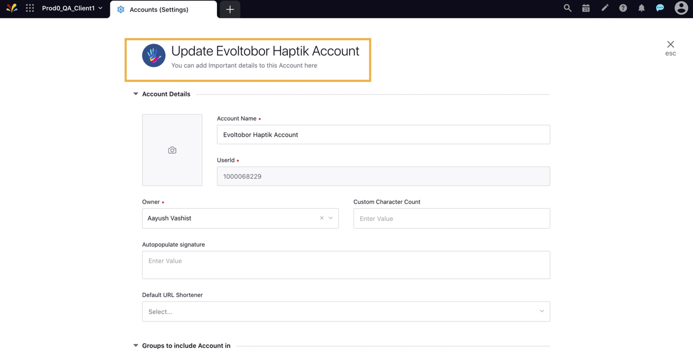 Updating Haptik Account Details