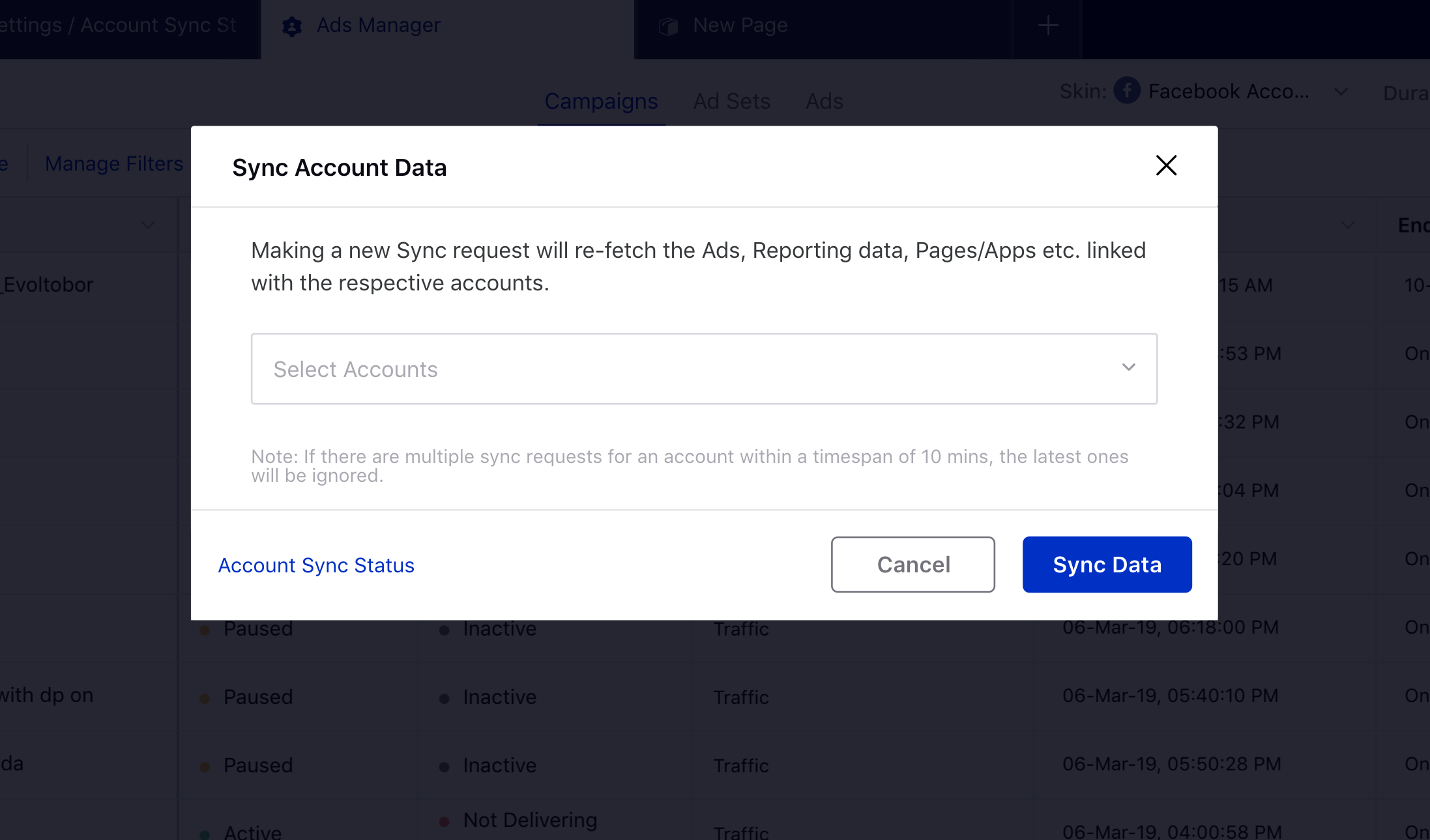 Selecting accounts to sync data in the ads manager