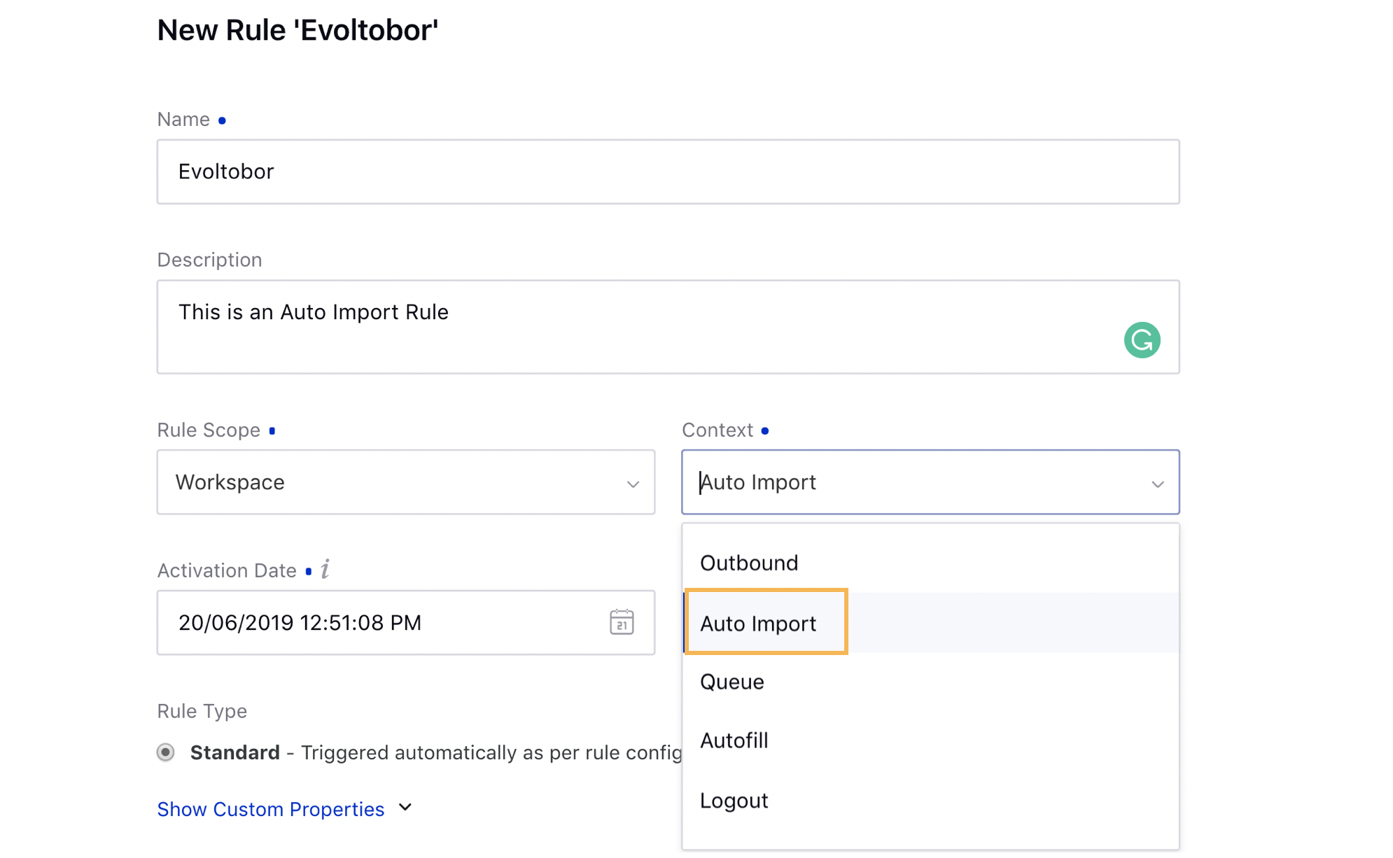 Selecting Auto Import as the Rule Context in the Rule Engine