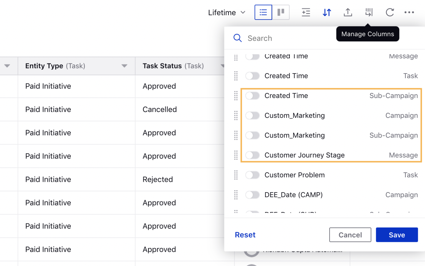 Sub-Campaign, Campaign, and Message Fields as Column Options