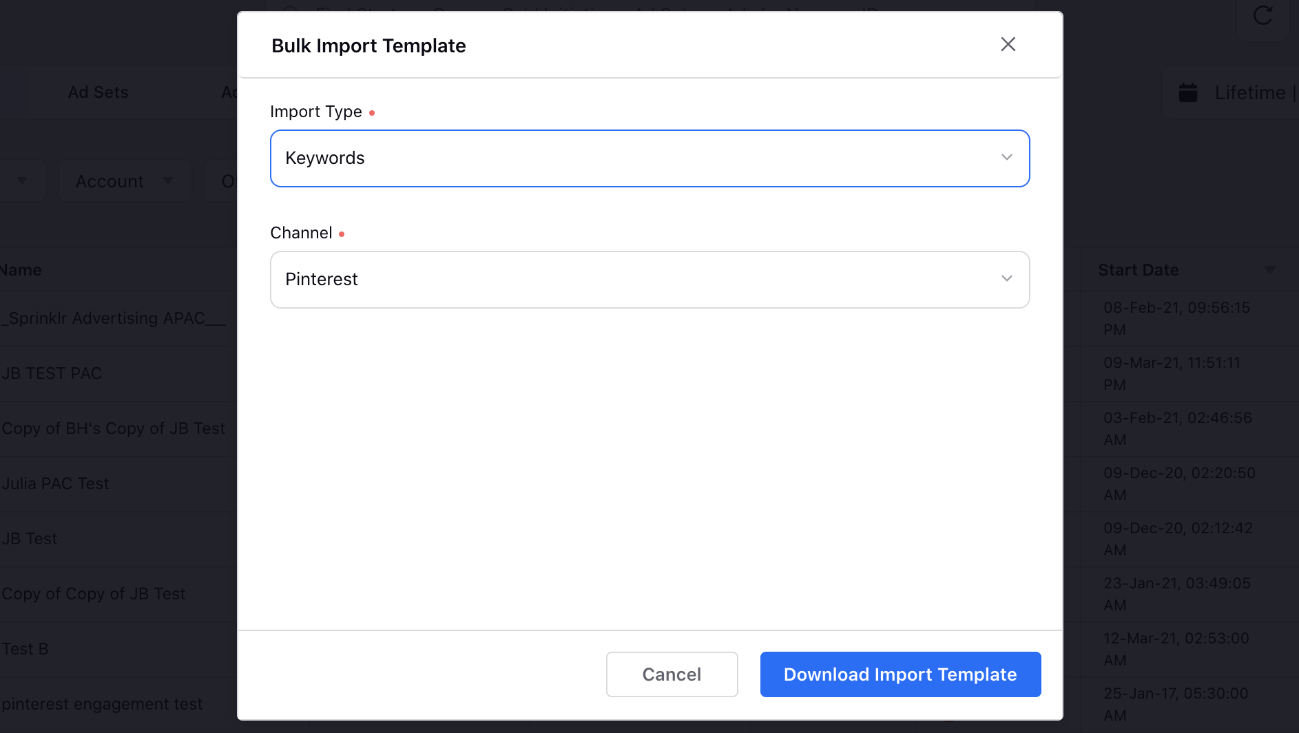 Download Import Template for Keywords