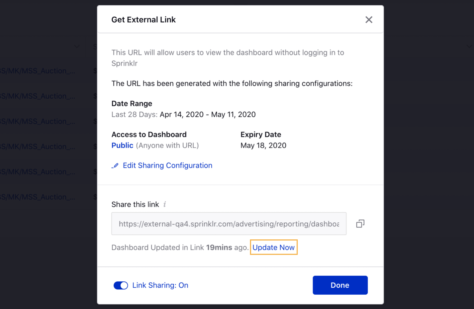 Updating Reporting Dashboard While Generating External Link 