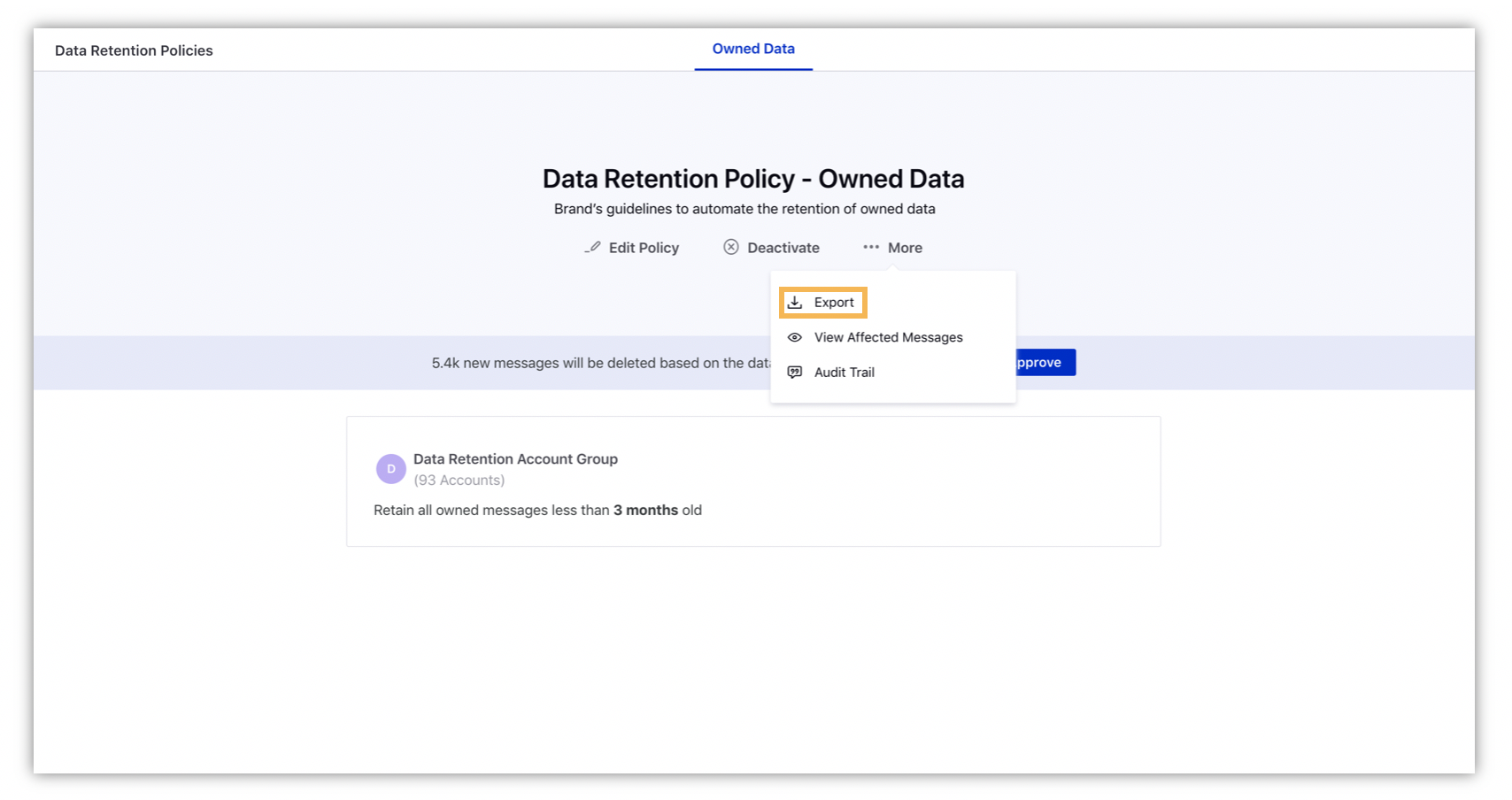 Clicking Export to initiate the message data export