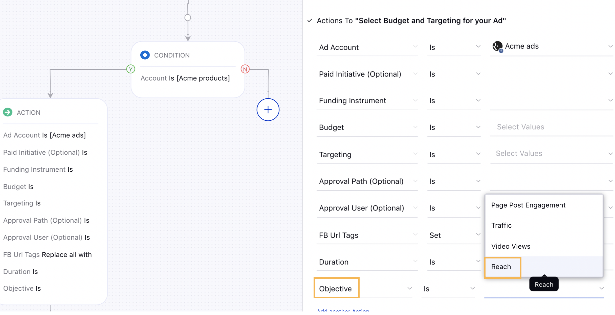 Facebook Reach Objective in Auto Boost Rule action