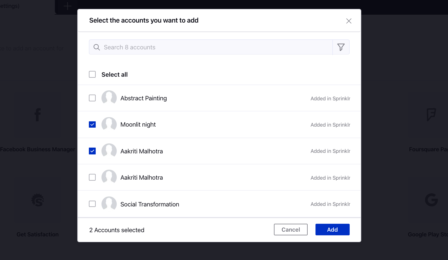 Selecting the Ad Accounts to authenticate