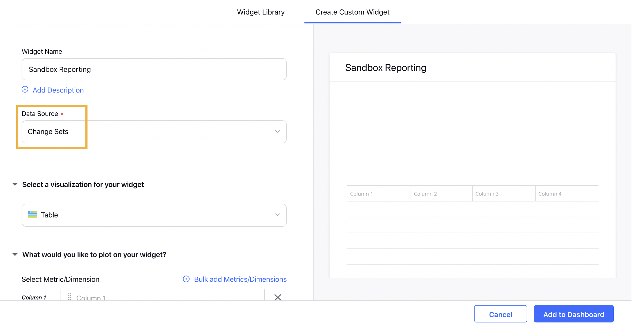 Selecting the Data Source as Change Sets from the drop-down menu for your widget