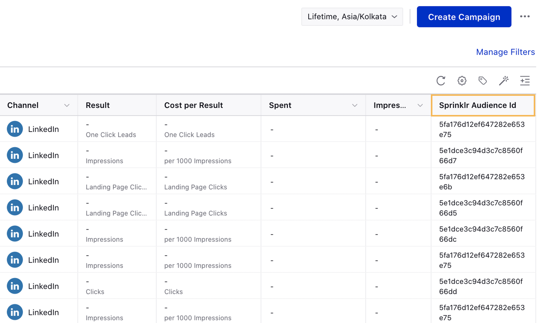 Sprinklr Audience ID column in Ads Manager