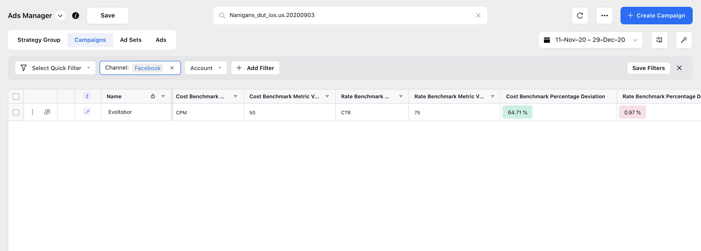 Analyze Cost and Rate Benchmarks in Ads Manager columns