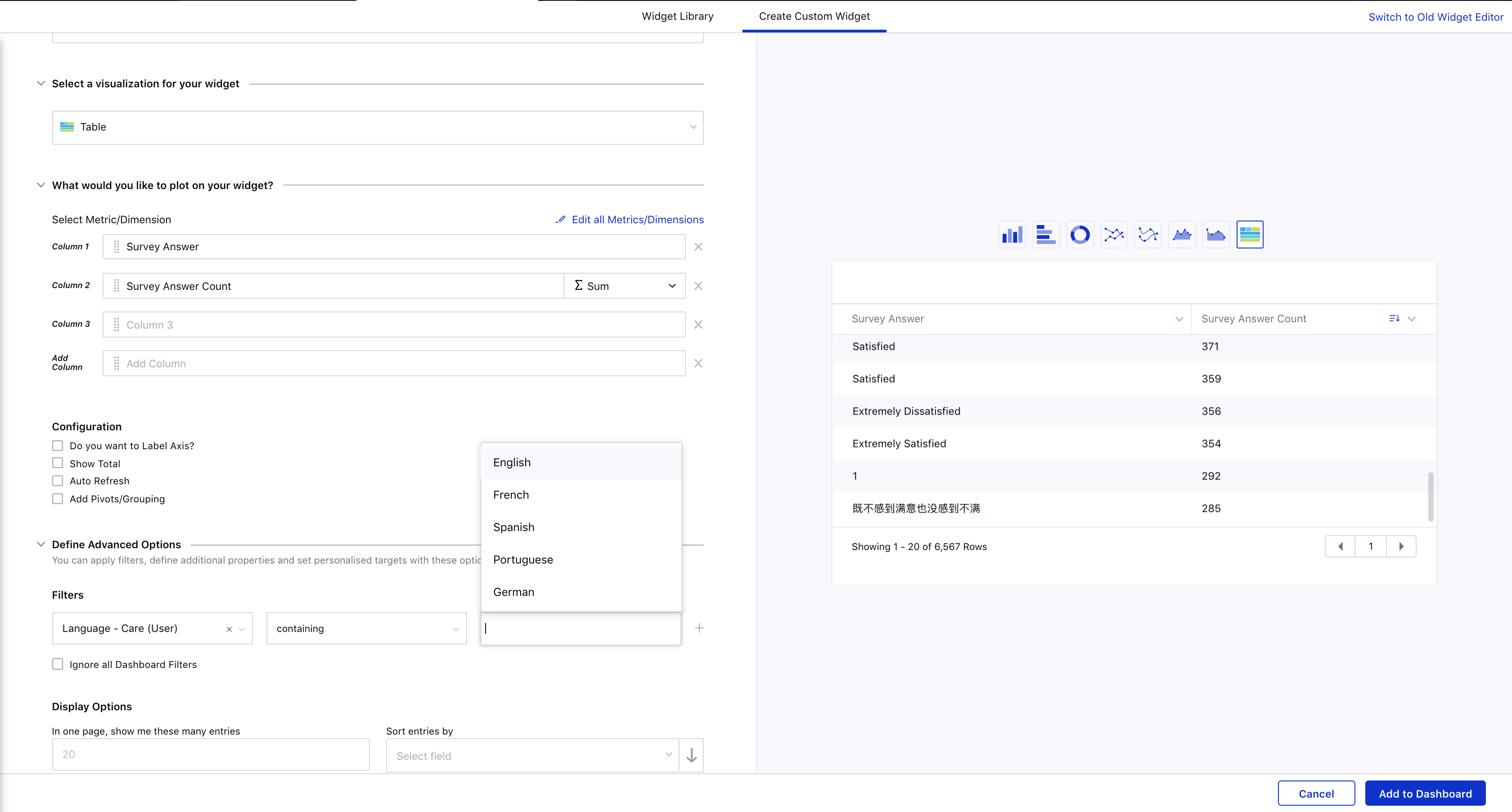 Mapping the responses to the survey questions in Reporting