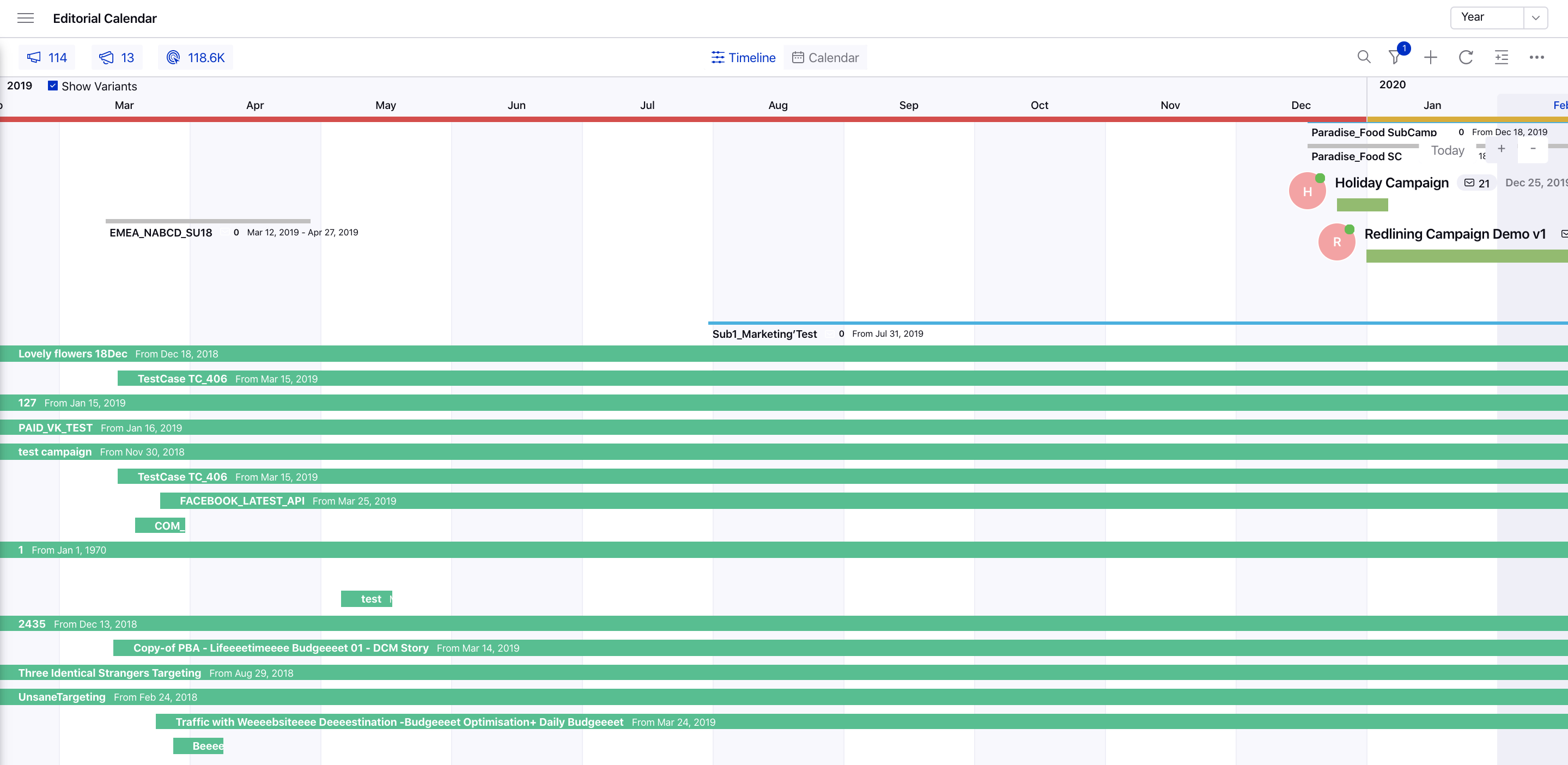 Global Editorial Calendar Timeline View of Paid Initiatives