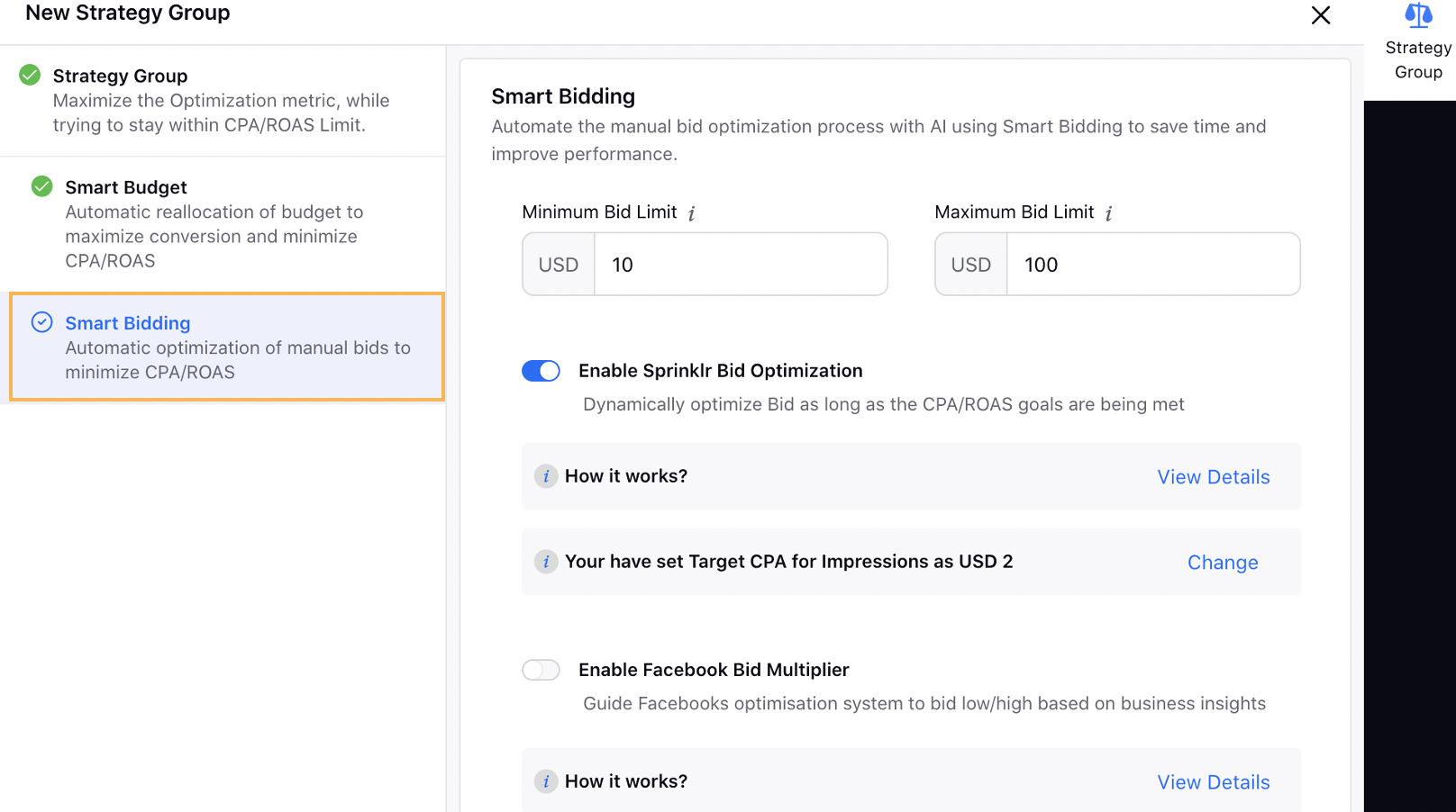 Configuring Strategy Group Smart Budget