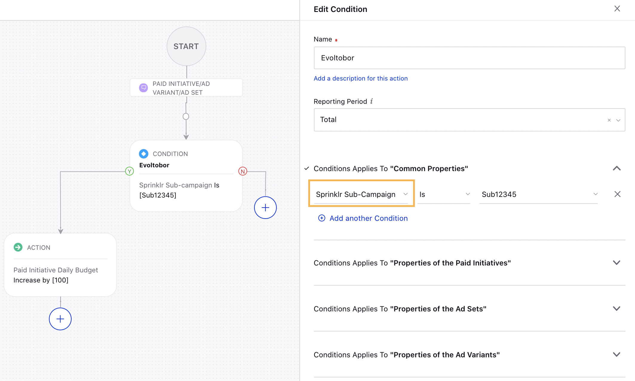 Select Sprinklr Sub Campaign in Paid Rules