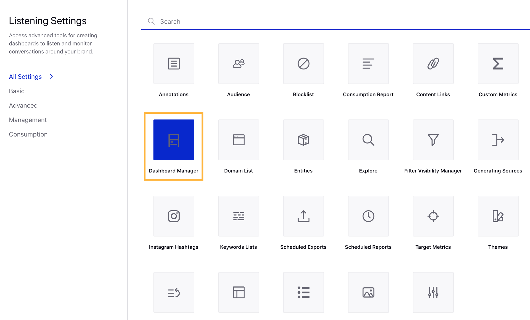 Accessing Dashboard Manager from Listening Settings