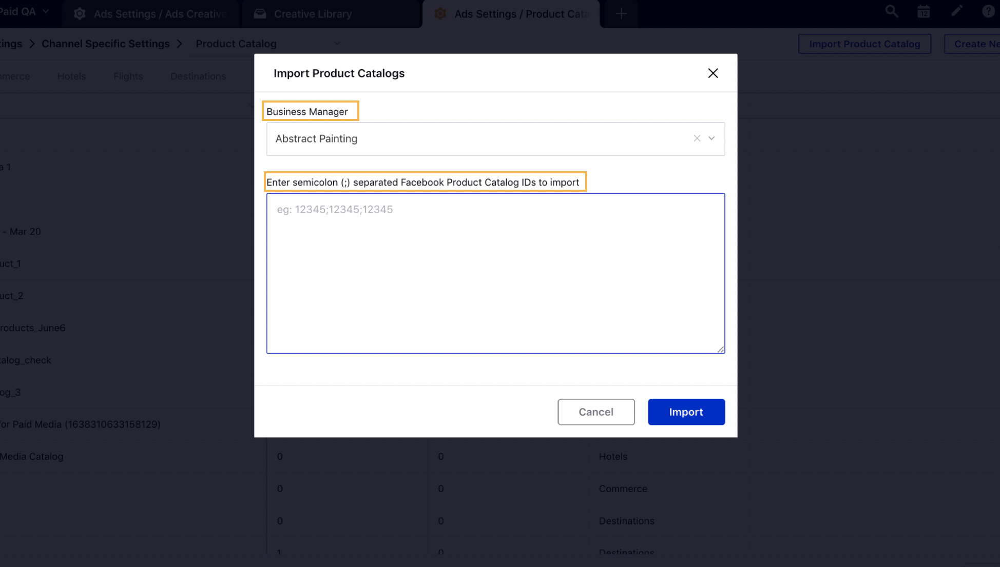 Selecting your Business Manager from the drop-down and entering catalog ids of the product catalogs