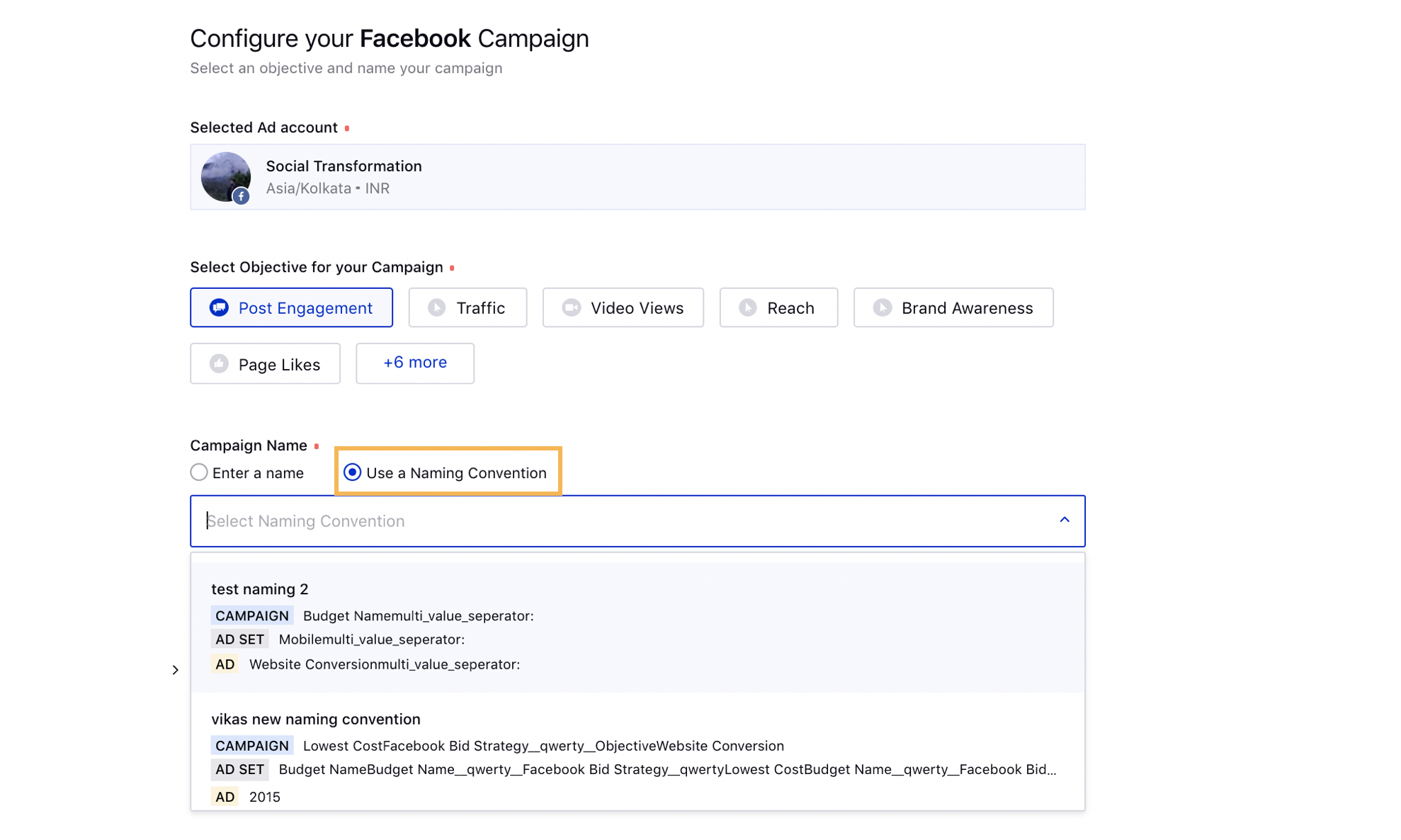 Selecting a Naming Convention for a campaign in the Ads Composer