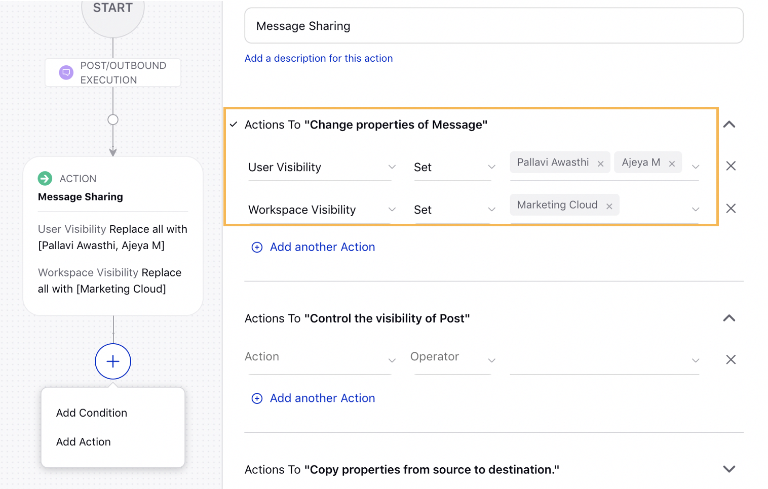 User and Workspace Visibility as Actions in Rule Engine