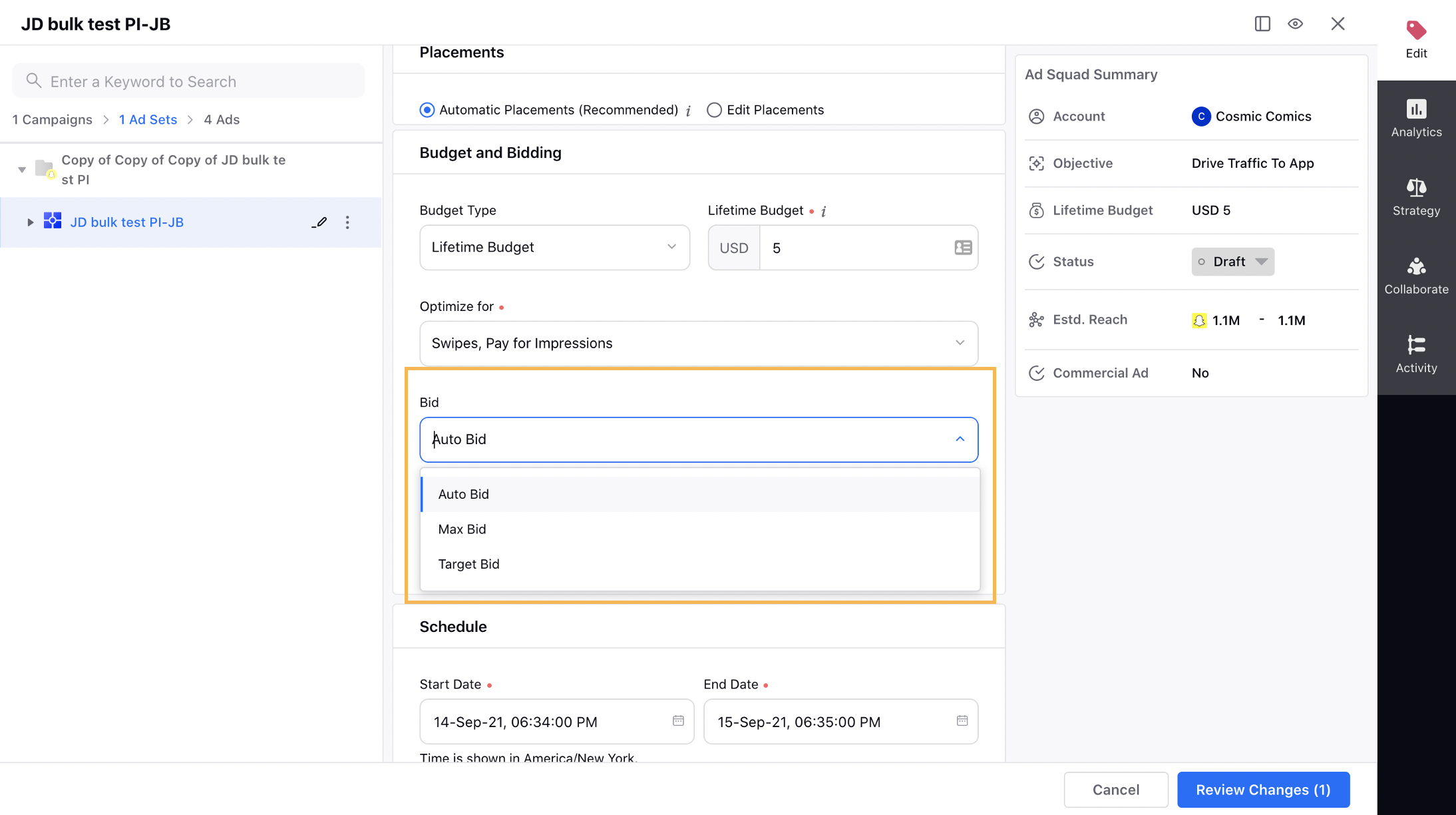 Actions for Snapchat Ad Entities in Ads Manager