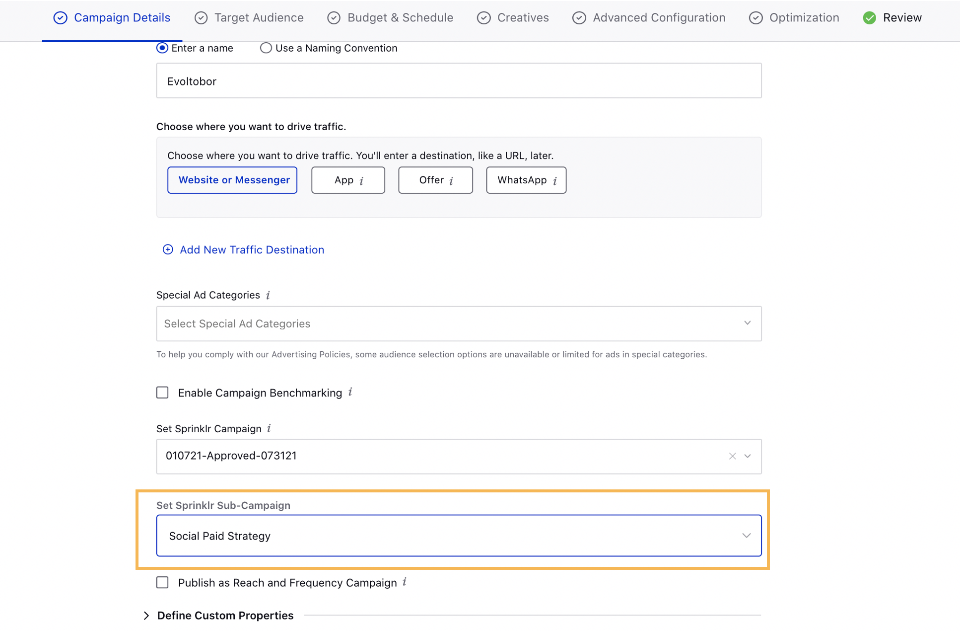 Select Sprinklr Sub Campaign in Ads Composer