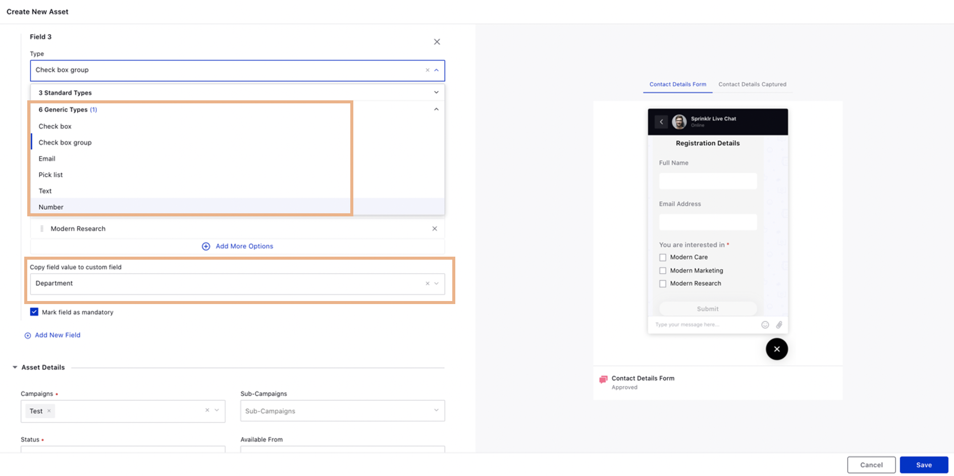 Add Generic Types Fields in a Contact Details Form for Sprinklr Live Chat