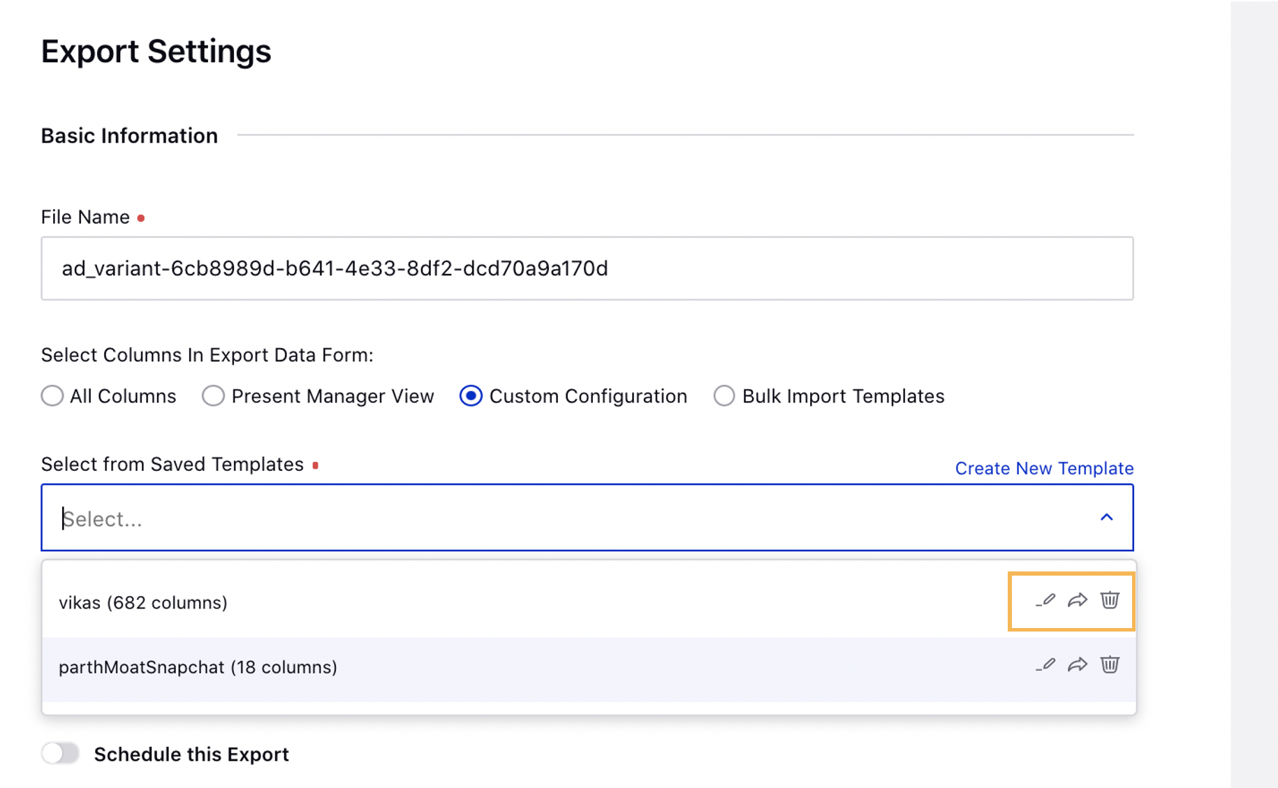 Manage Custom Export Templates