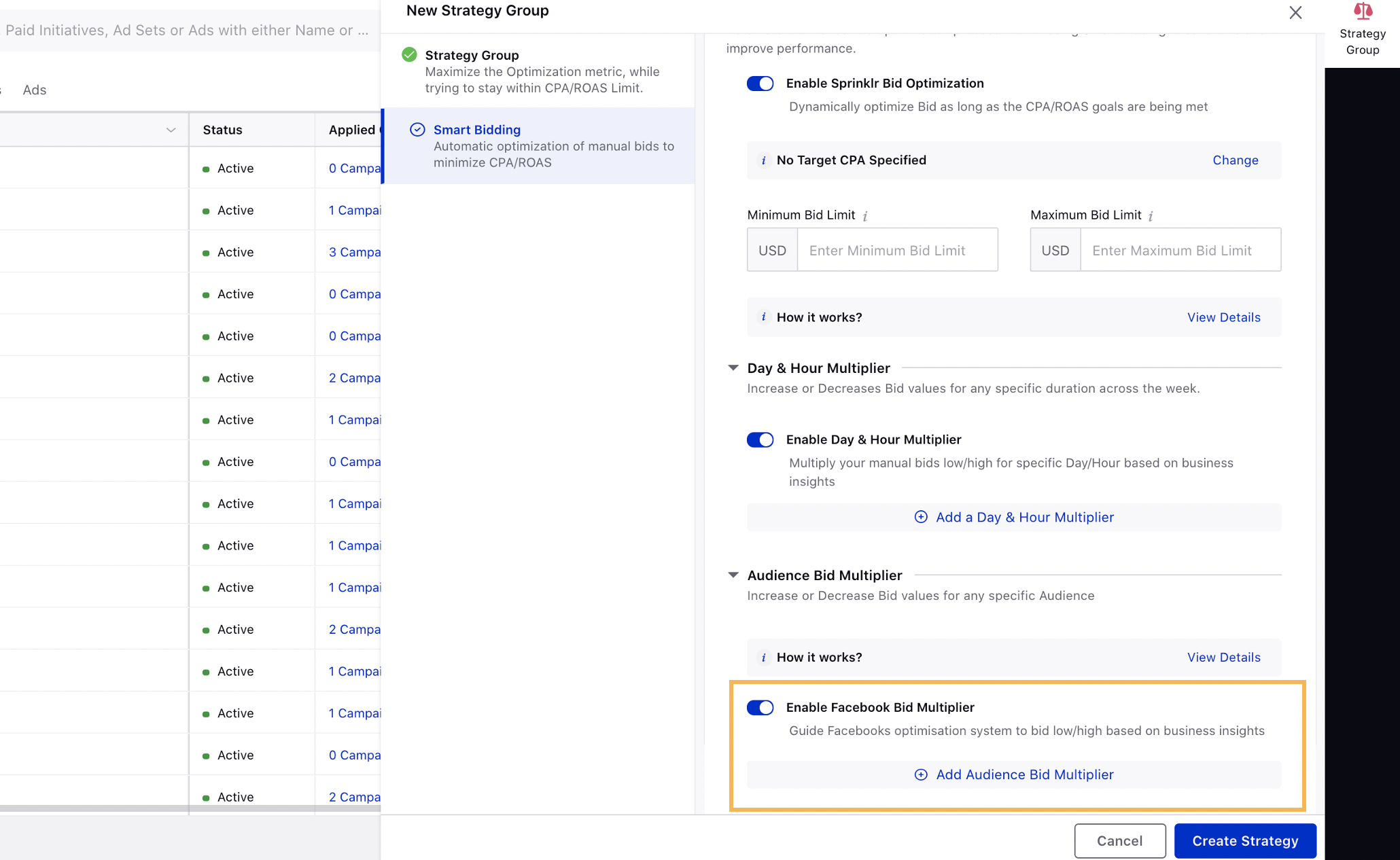 Enable Facebook Bid Multipliers in Strategy Group Smart Bidding