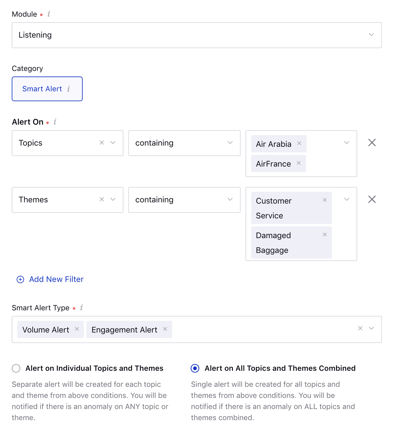 Creating new smart alert on all topics and themes combined