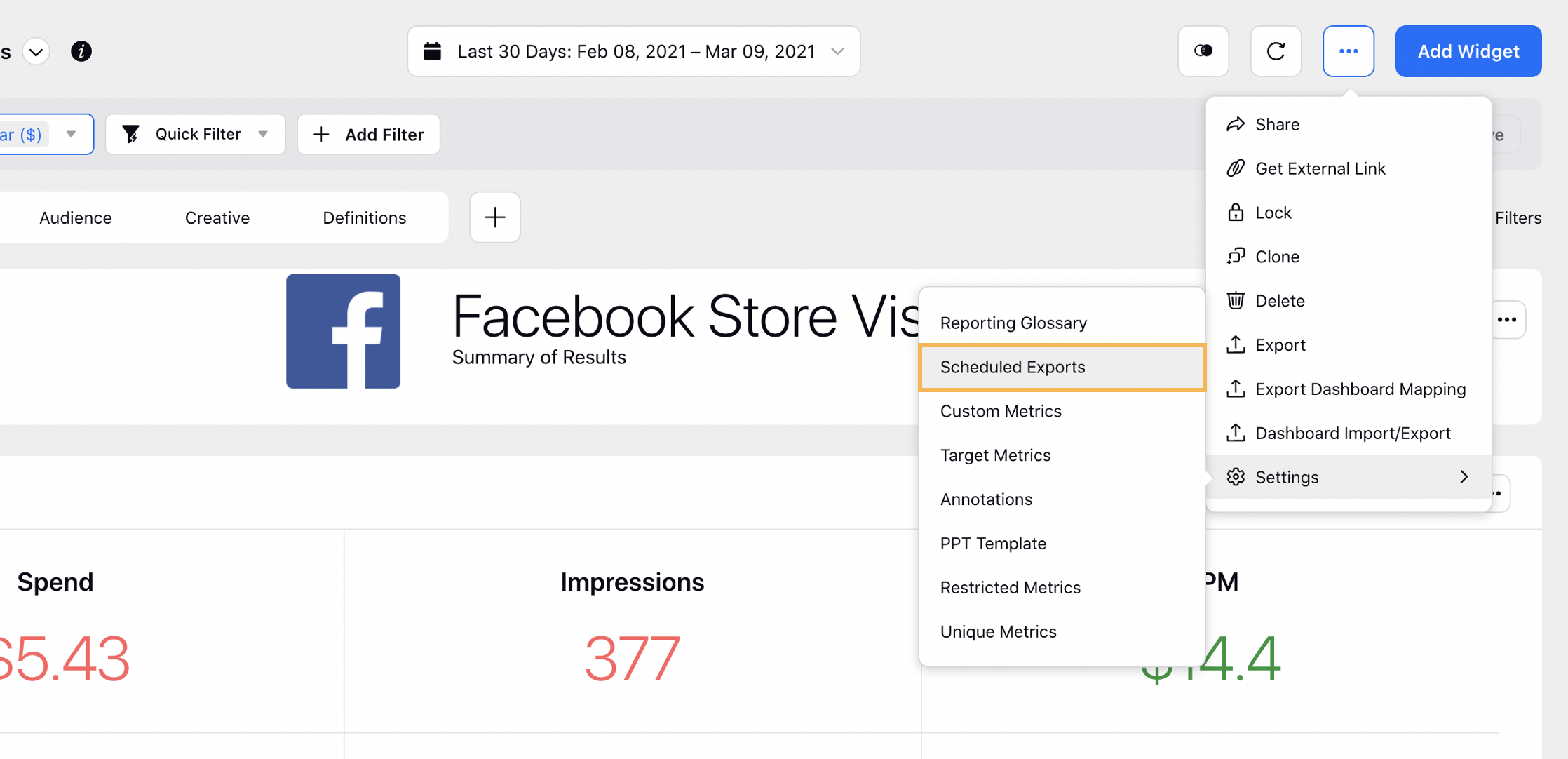 Select Scheduled Export from Ads Reporting Dashboard Settings