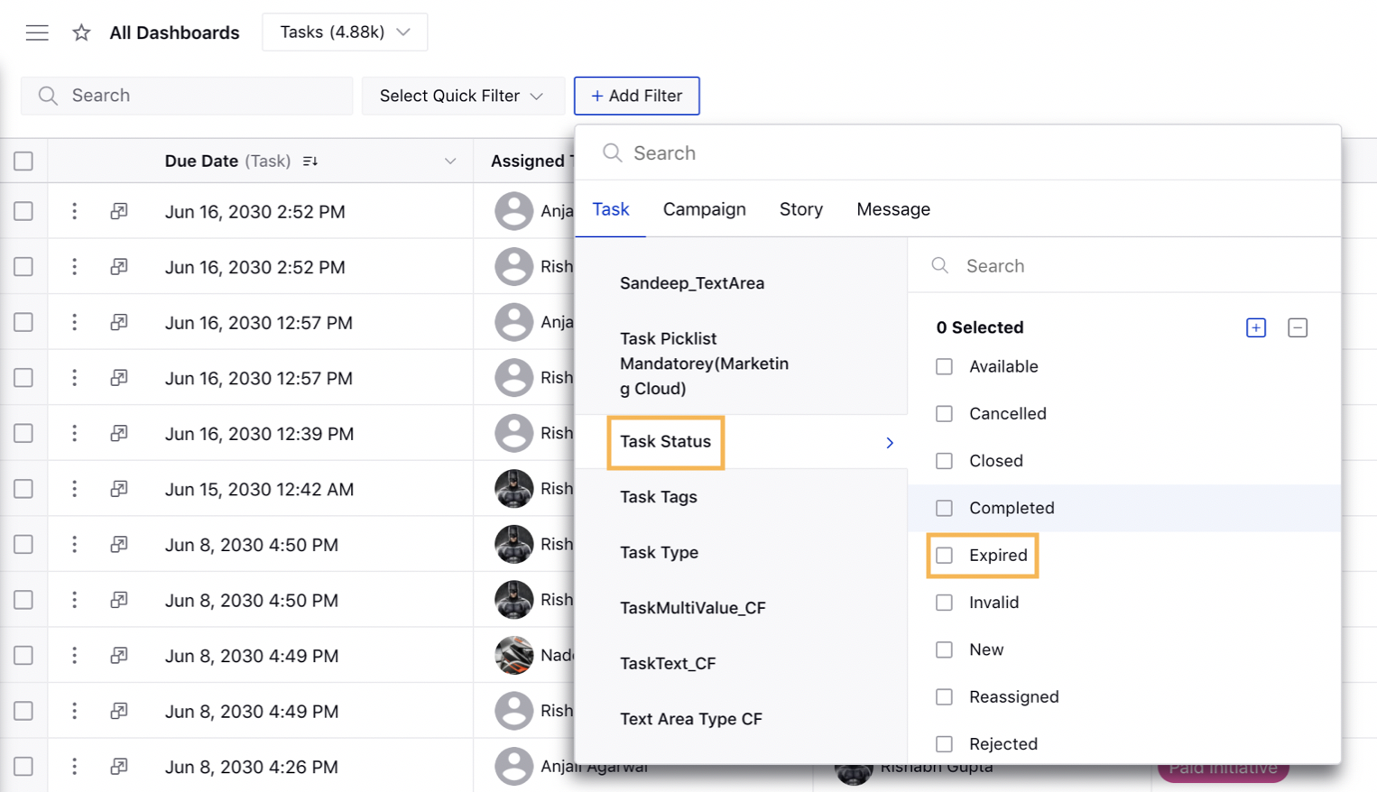 Selecting Expired as Task Status in Production Dashboards