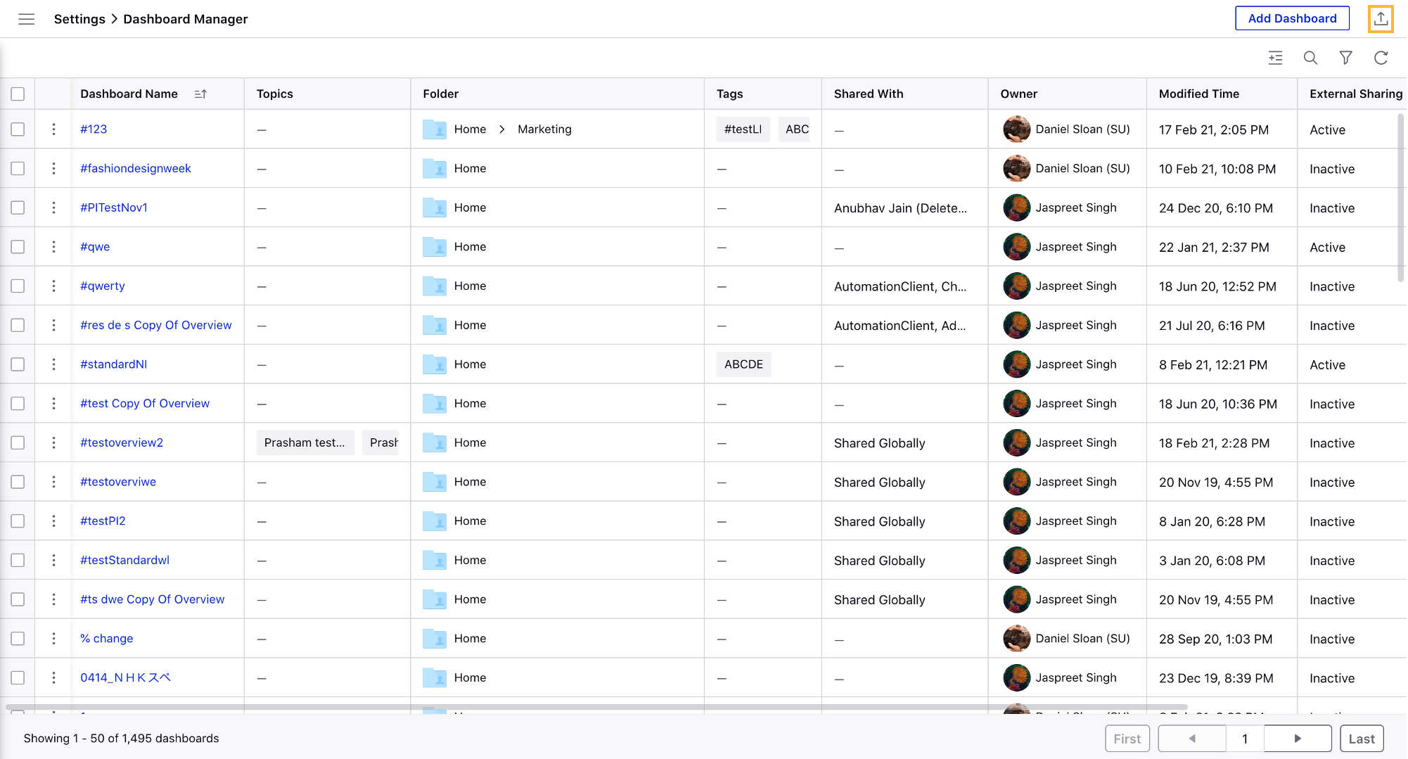 Exporting the Dashboard Manager into an Excel file