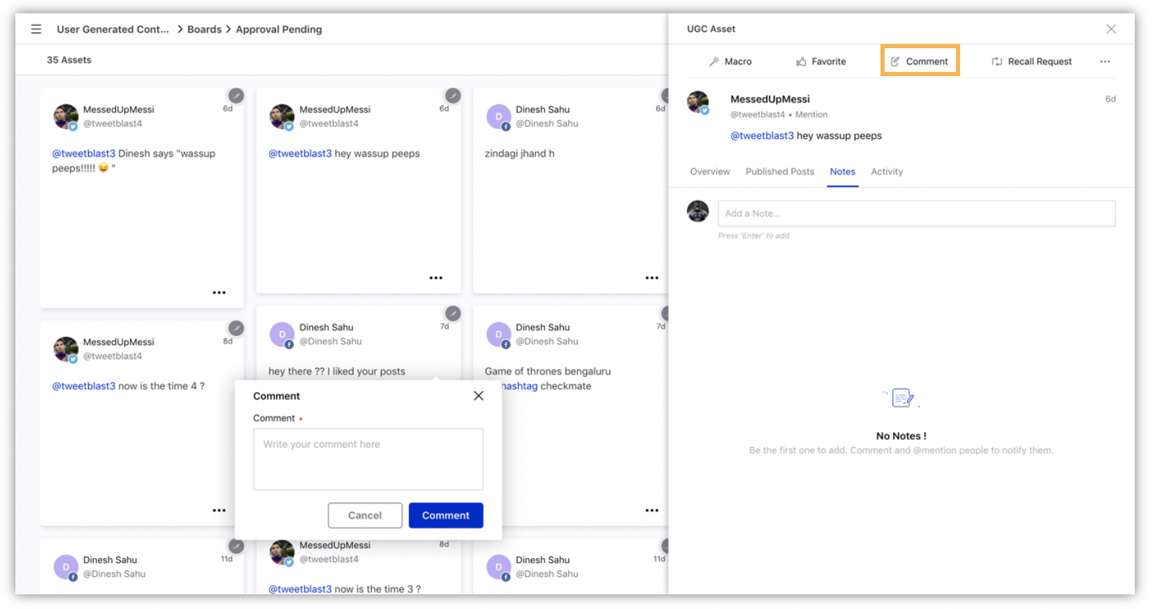 Adding comment on the UGC content using asset right side pane