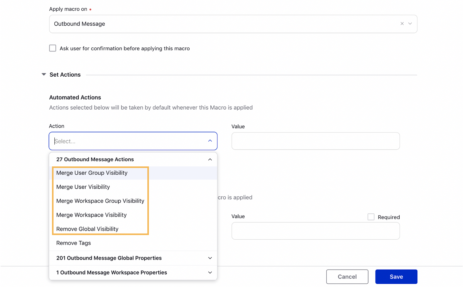 Setting Visibility Preferences for Outbound Messages via Macro